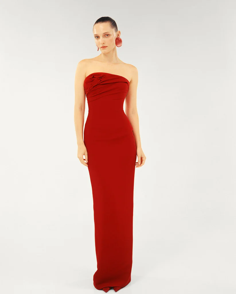 STRAPLESS ASYMMETRCAL CREPE GOWN WITH EMBROIDERED PETALS - Image 2
