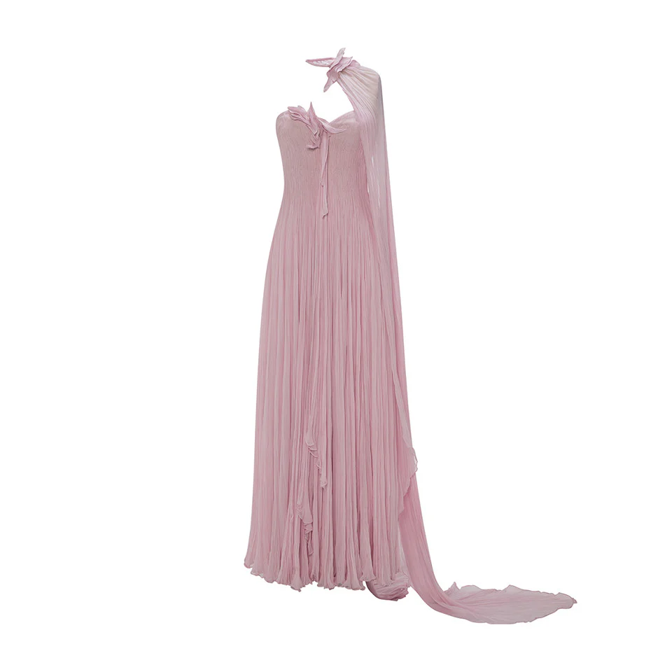 STRAPLESS SILK GEORGETTE DRESS WITH EMBROIDERED PETALS ON BUST