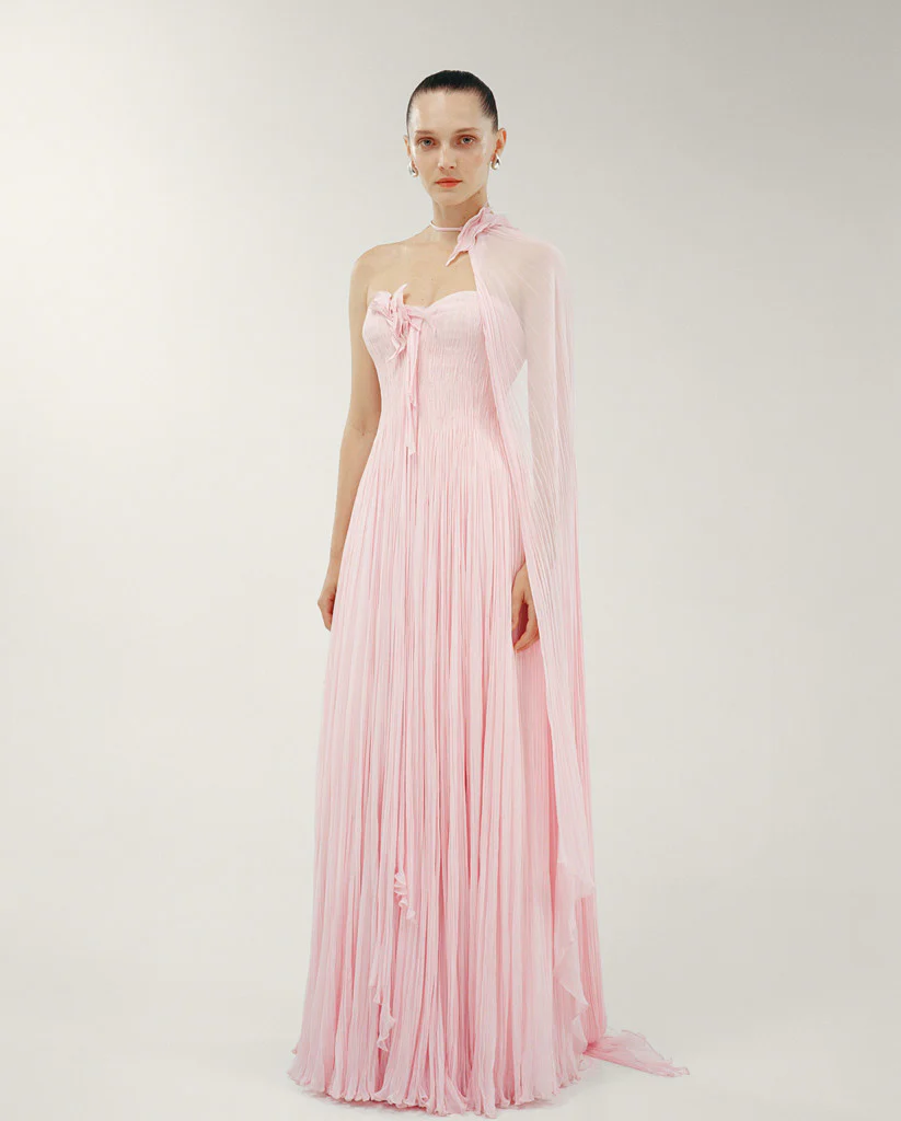 STRAPLESS SILK GEORGETTE DRESS WITH EMBROIDERED PETALS ON BUST - Image 2