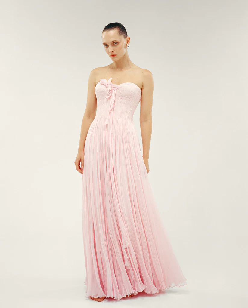 STRAPLESS SILK GEORGETTE DRESS WITH EMBROIDERED PETALS ON BUST - Image 3