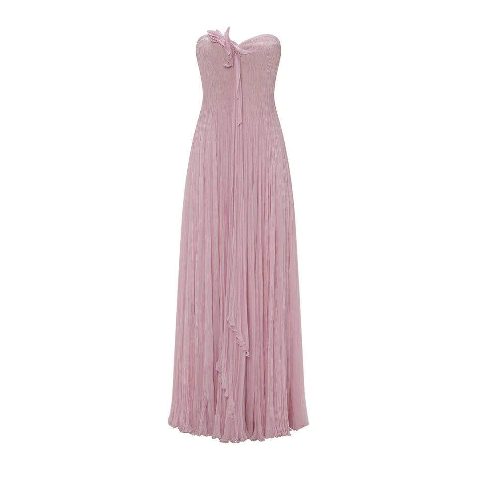 STRAPLESS SILK GEORGETTE DRESS WITH EMBROIDERED PETALS ON BUST - Image 4