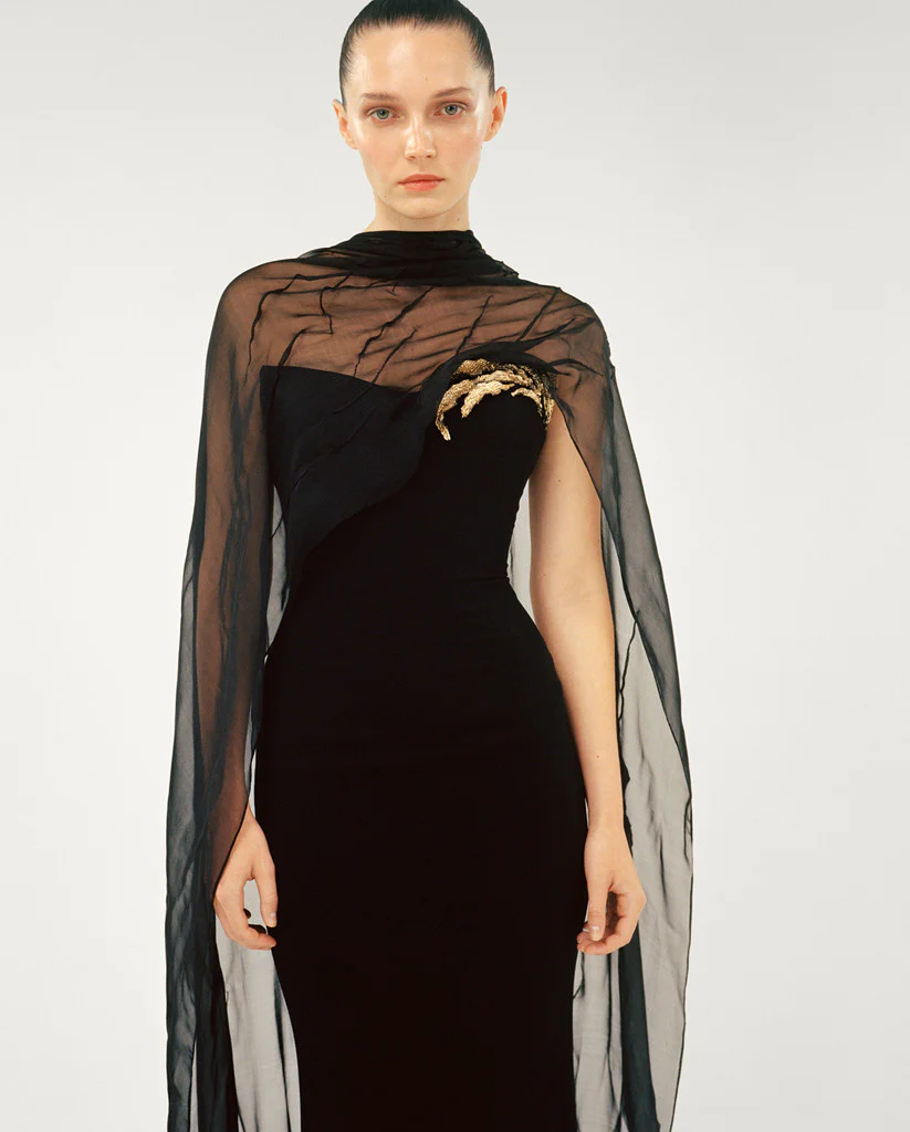 STRAPLESS CREPE DRESS WITH GOLD EMBROIDERED ON BUST - Image 3