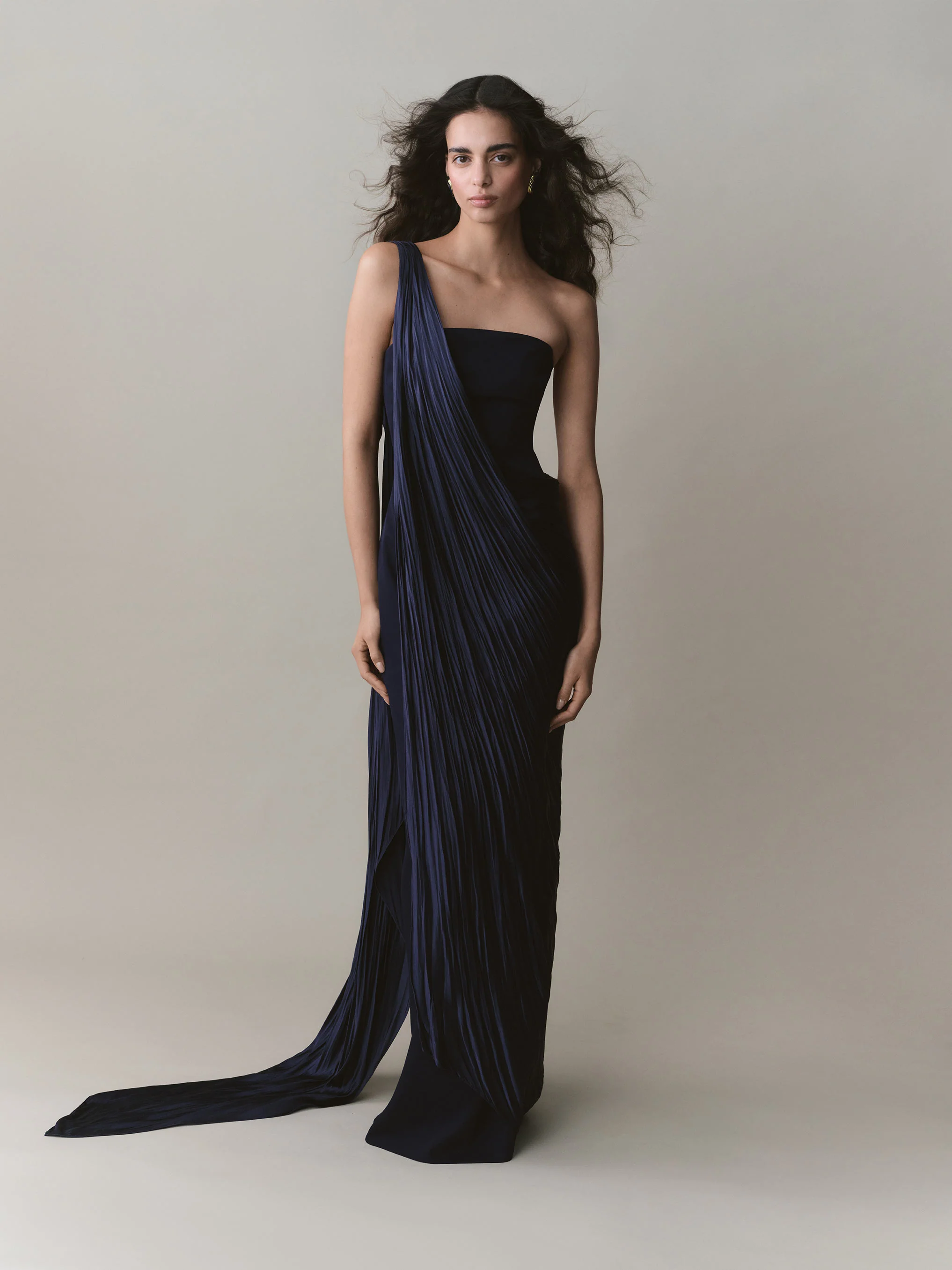 Strapless Crepe Dress With Pleated Satin Cape And Embroidery Brooch - Image 2