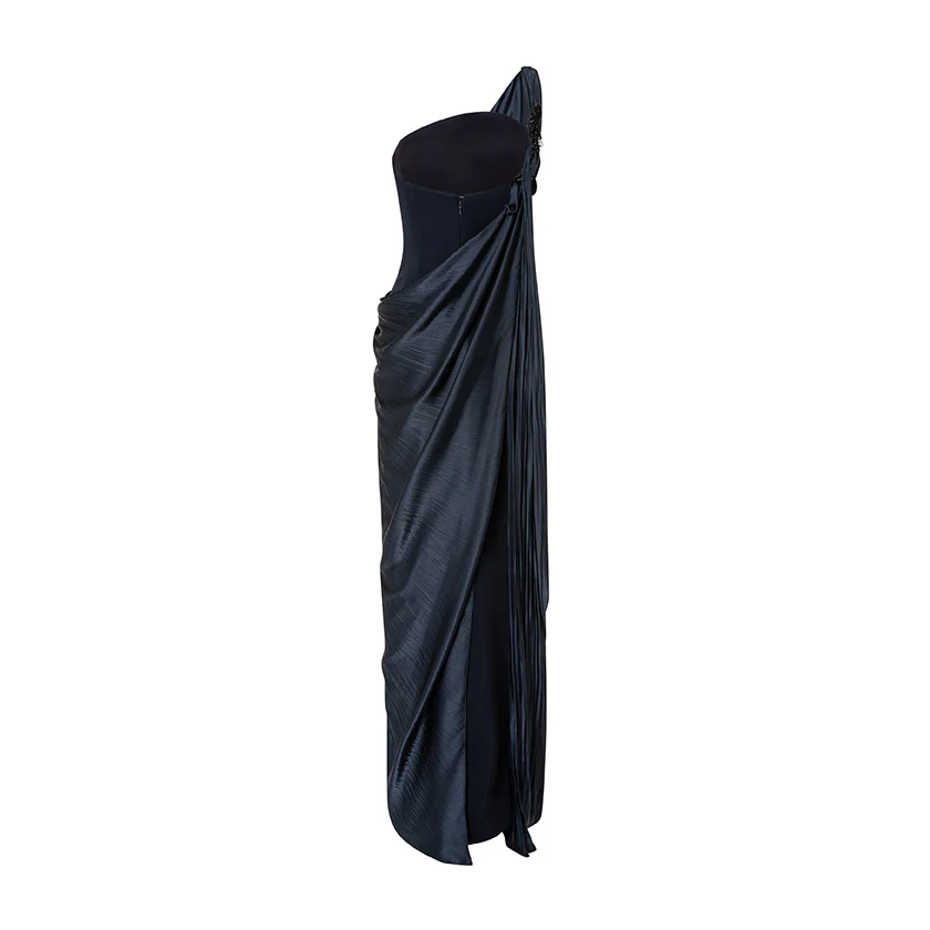 Strapless Crepe Dress With Pleated Satin Cape And Embroidery Brooch - Image 4