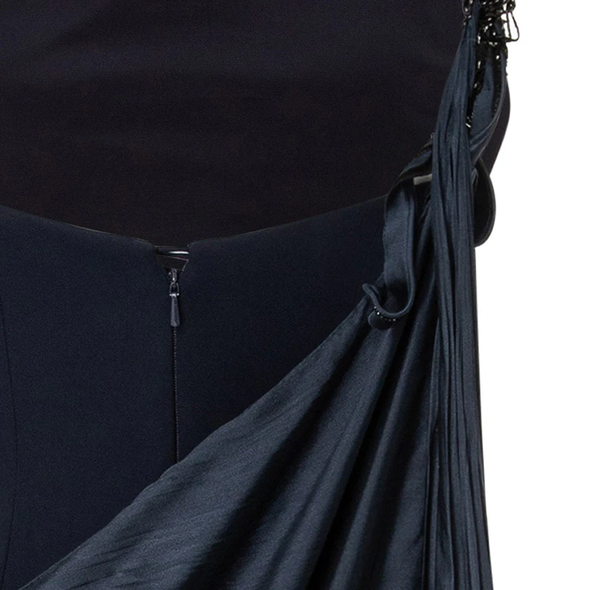 Strapless Crepe Dress With Pleated Satin Cape And Embroidery Brooch - Image 5