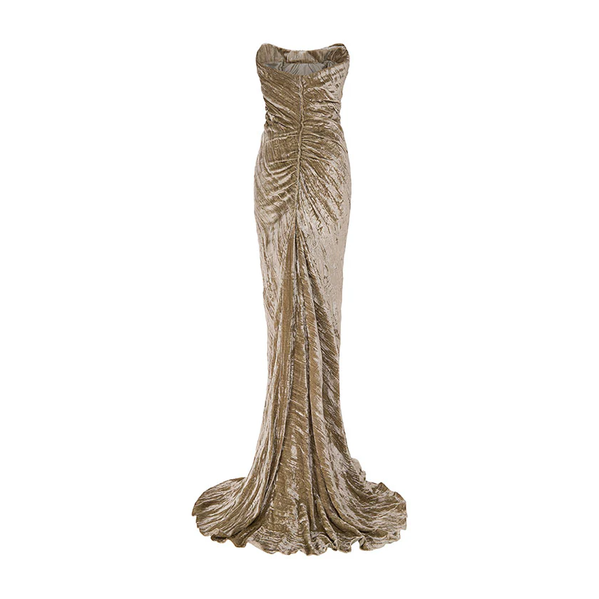 STRAPLESS DRAPED VELVET GOWN WITH BACK TAIL - Image 4