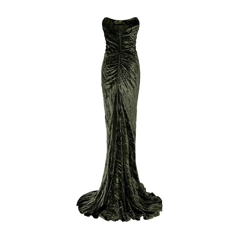 STRAPLESS DRAPED VELVET GOWN WITH BACK TAIL - Image 7