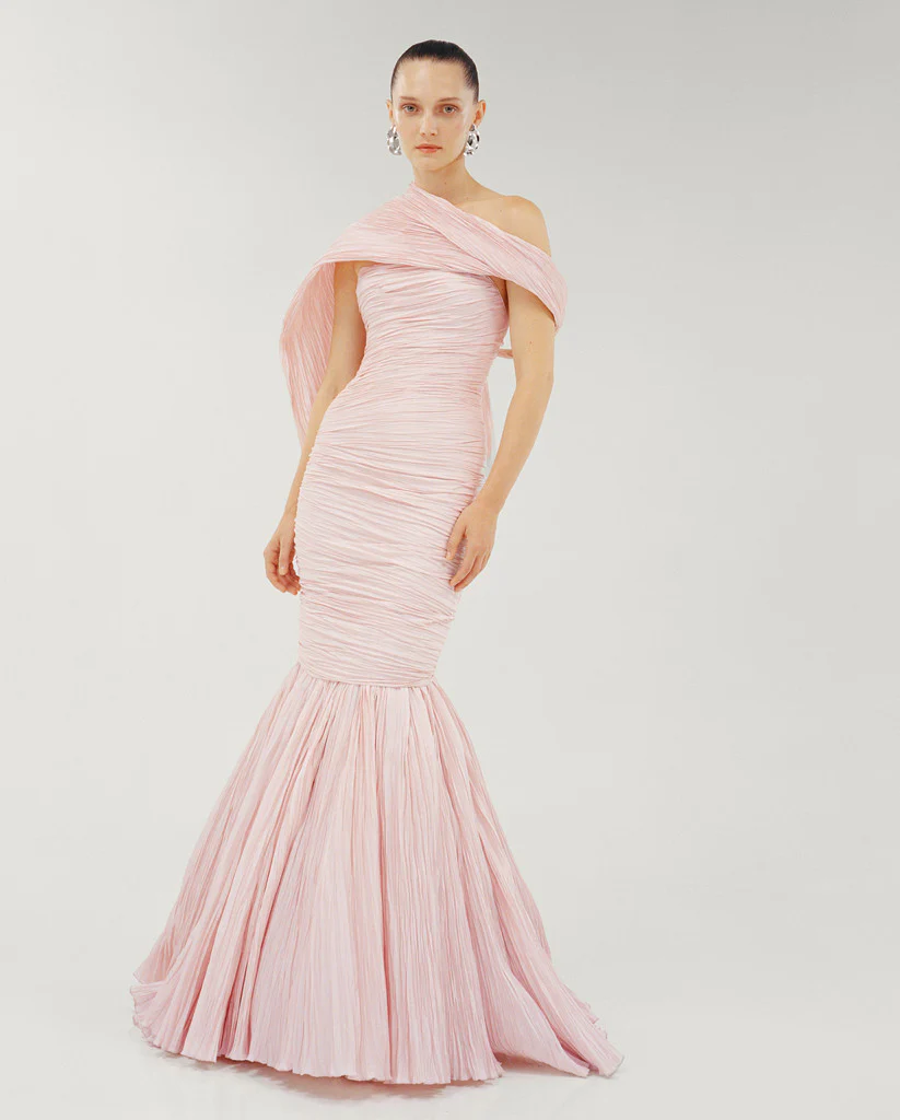 STRAPLESS FISH CUT HAND PLEATED TAFFETA DRESS WITH CAPE - Image 2