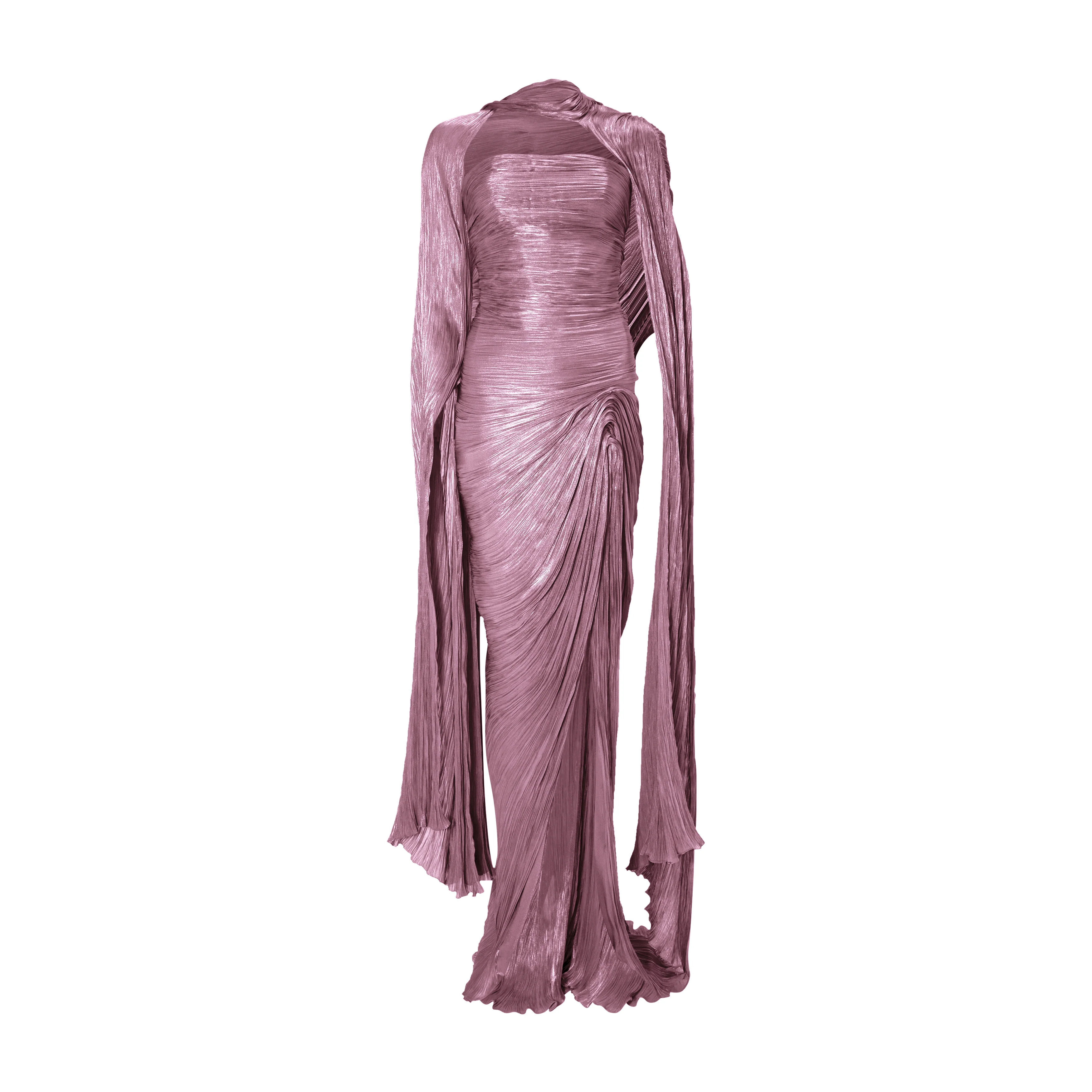 Strapless hand-pleated Satin-like draped dress with slit and cape - Image 10