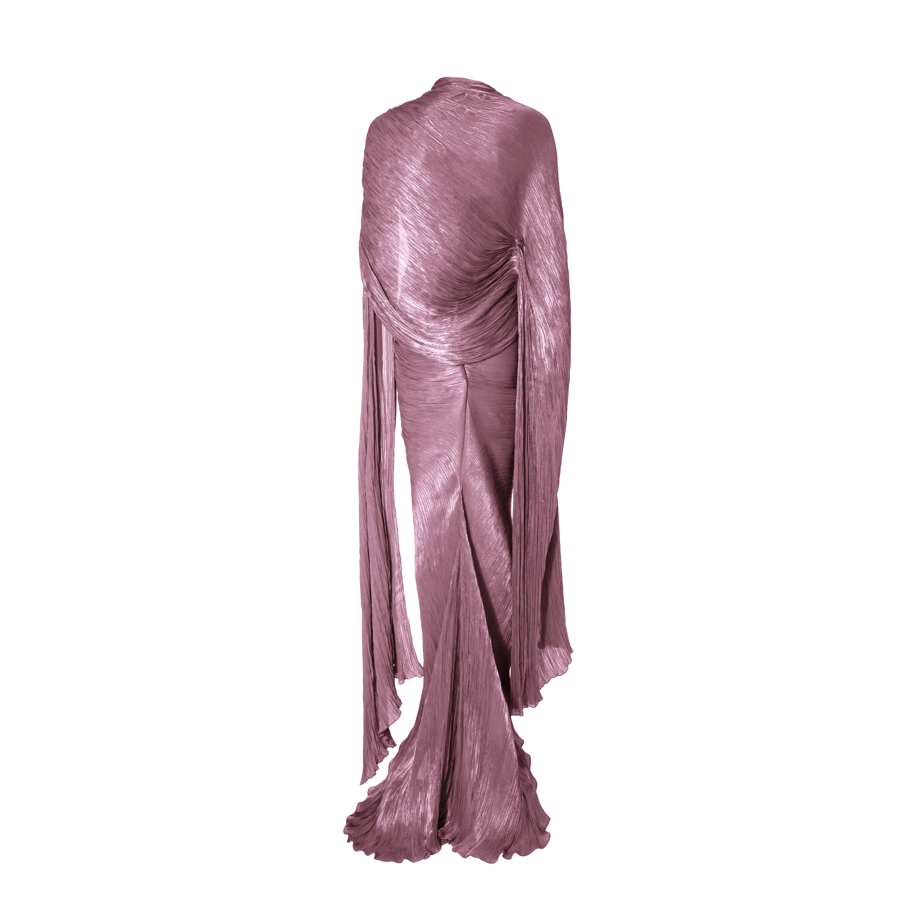 Strapless hand-pleated Satin-like draped dress with slit and cape - Image 11