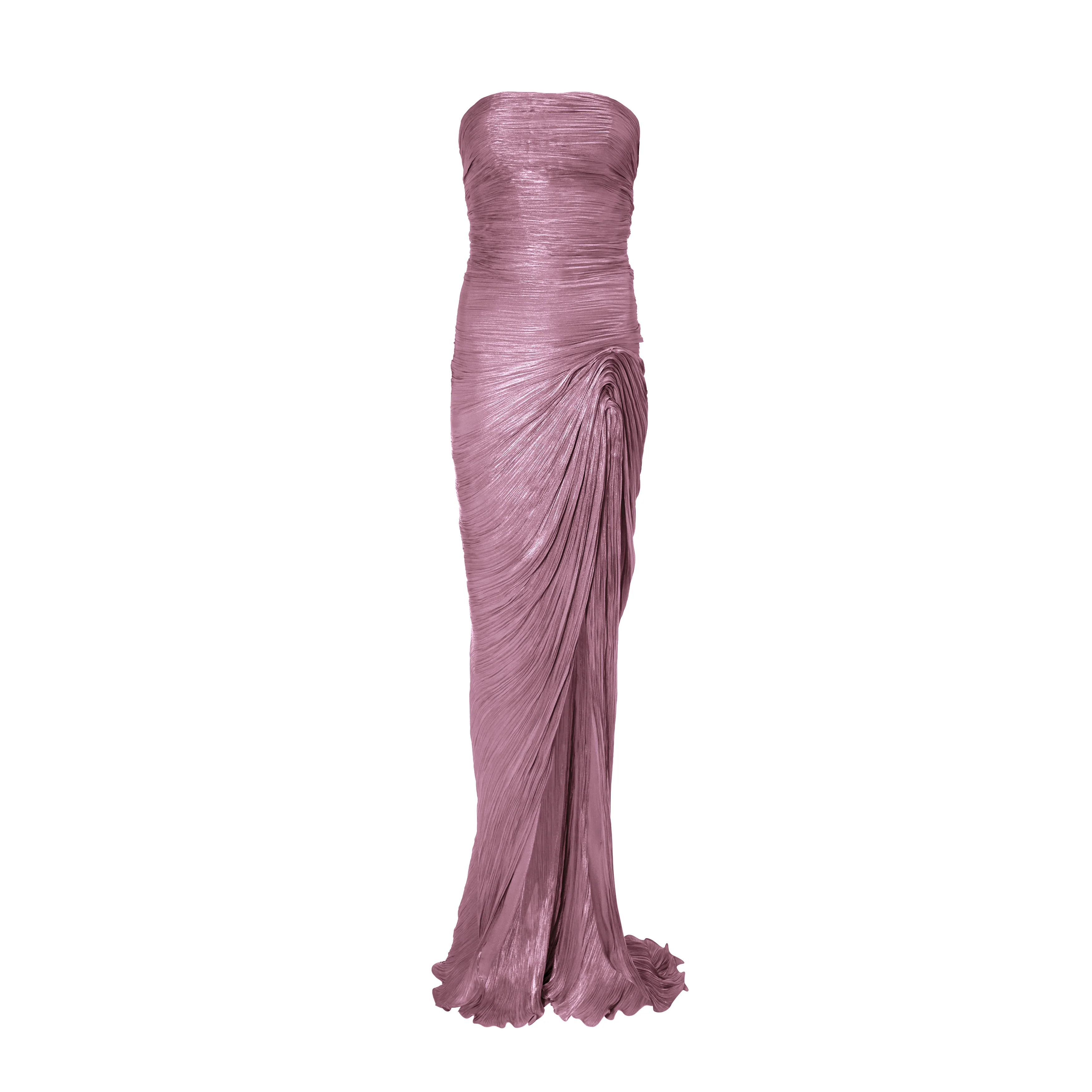 Strapless hand-pleated Satin-like draped dress with slit and cape - Image 12