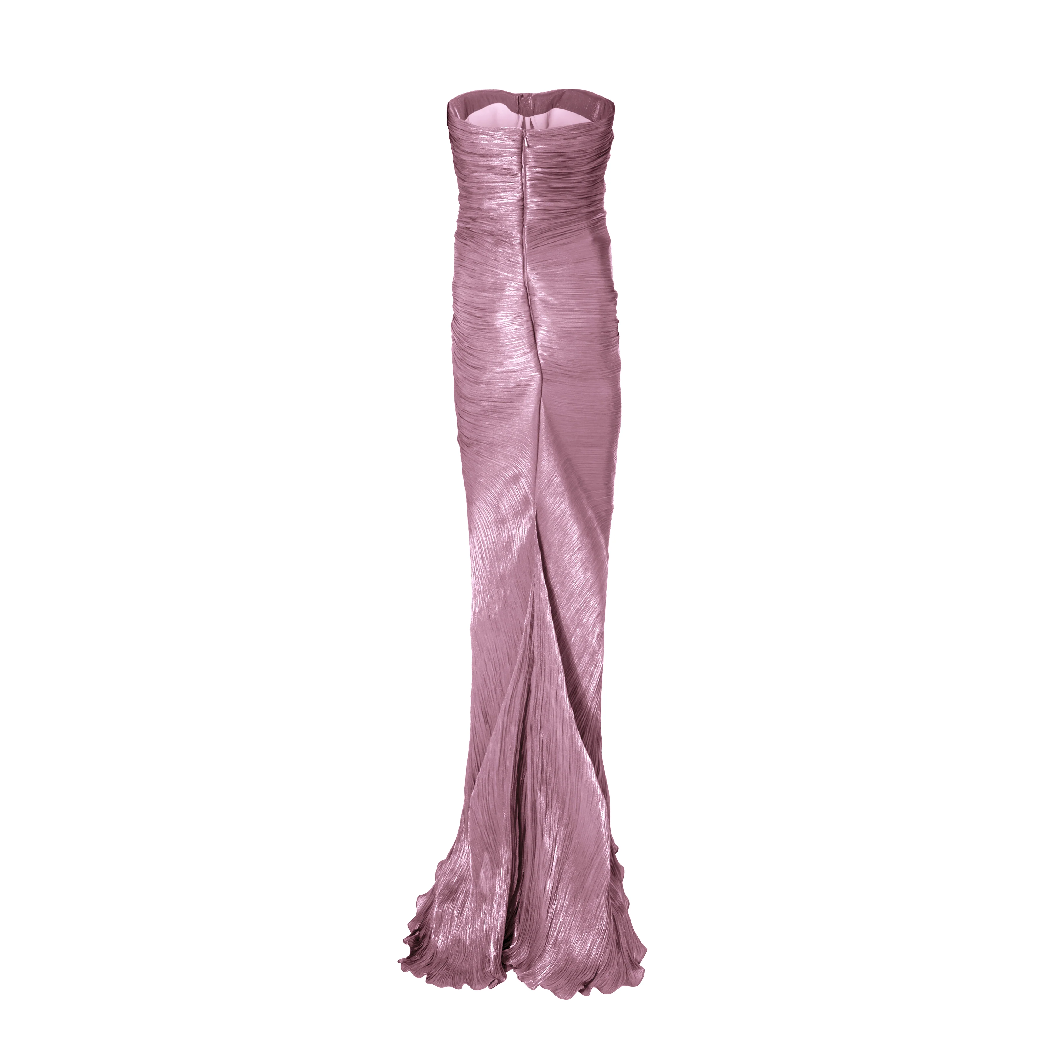 Strapless hand-pleated Satin-like draped dress with slit and cape - Image 13