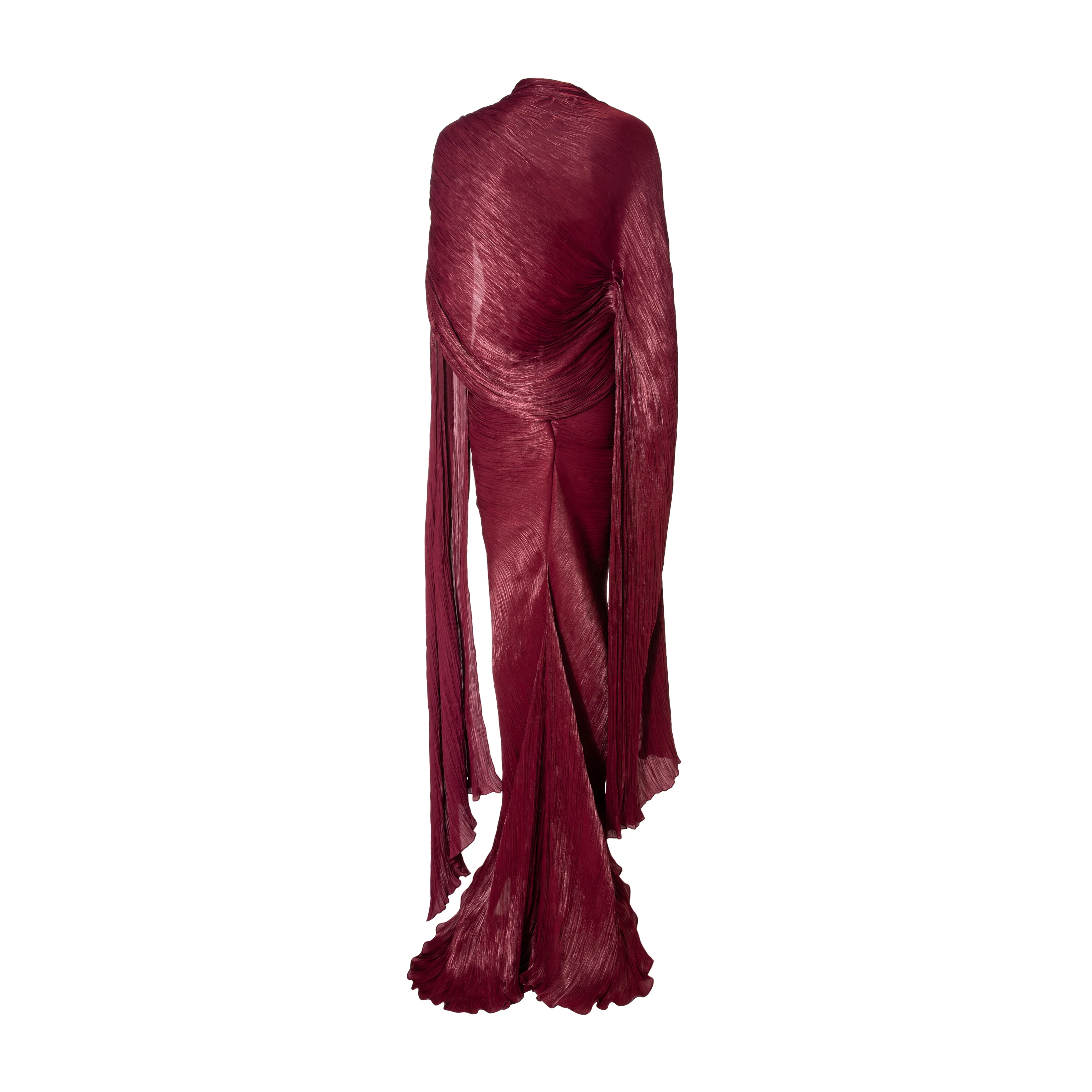 Strapless hand-pleated Satin-like draped dress with slit and cape - Image 3