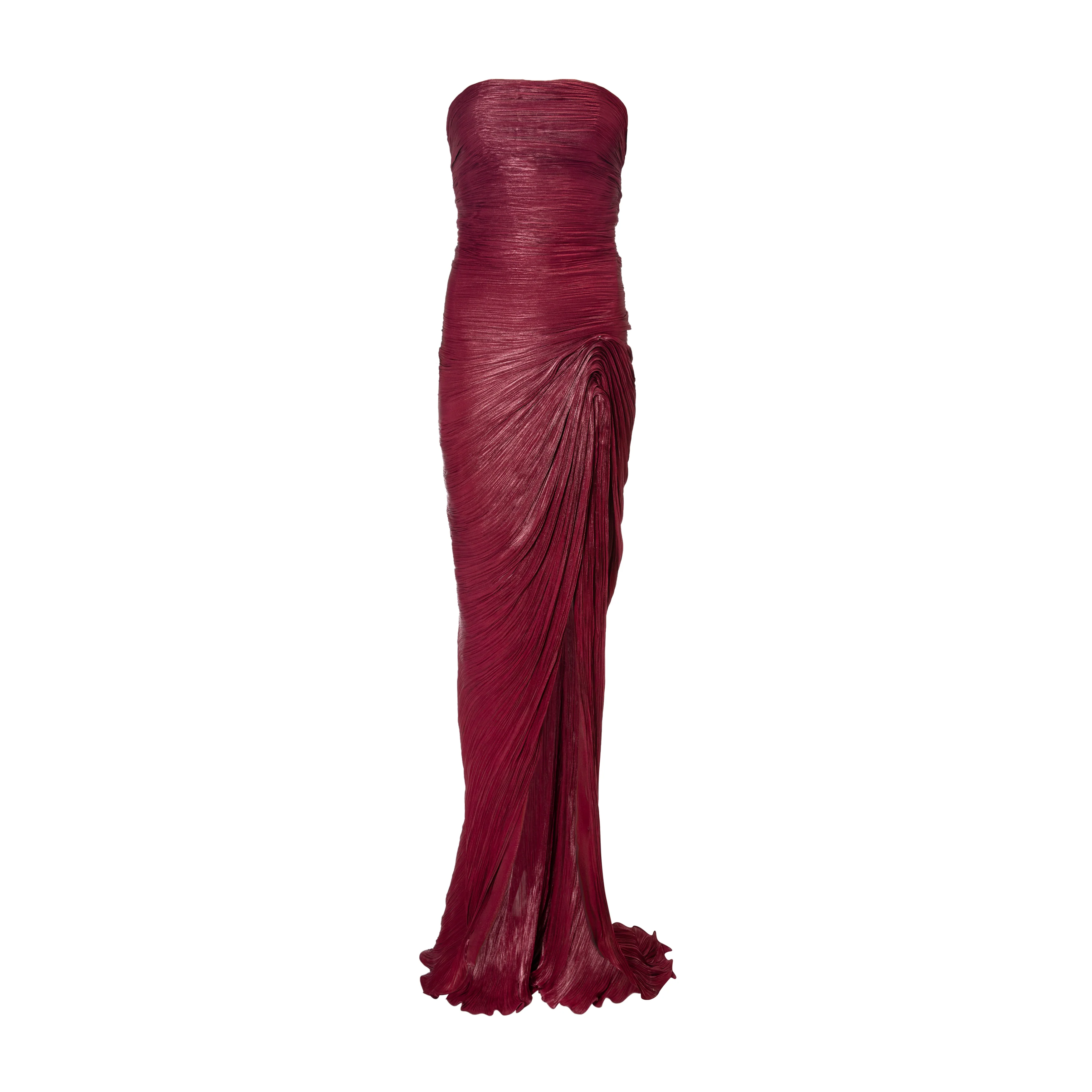 Strapless hand-pleated Satin-like draped dress with slit and cape - Image 4