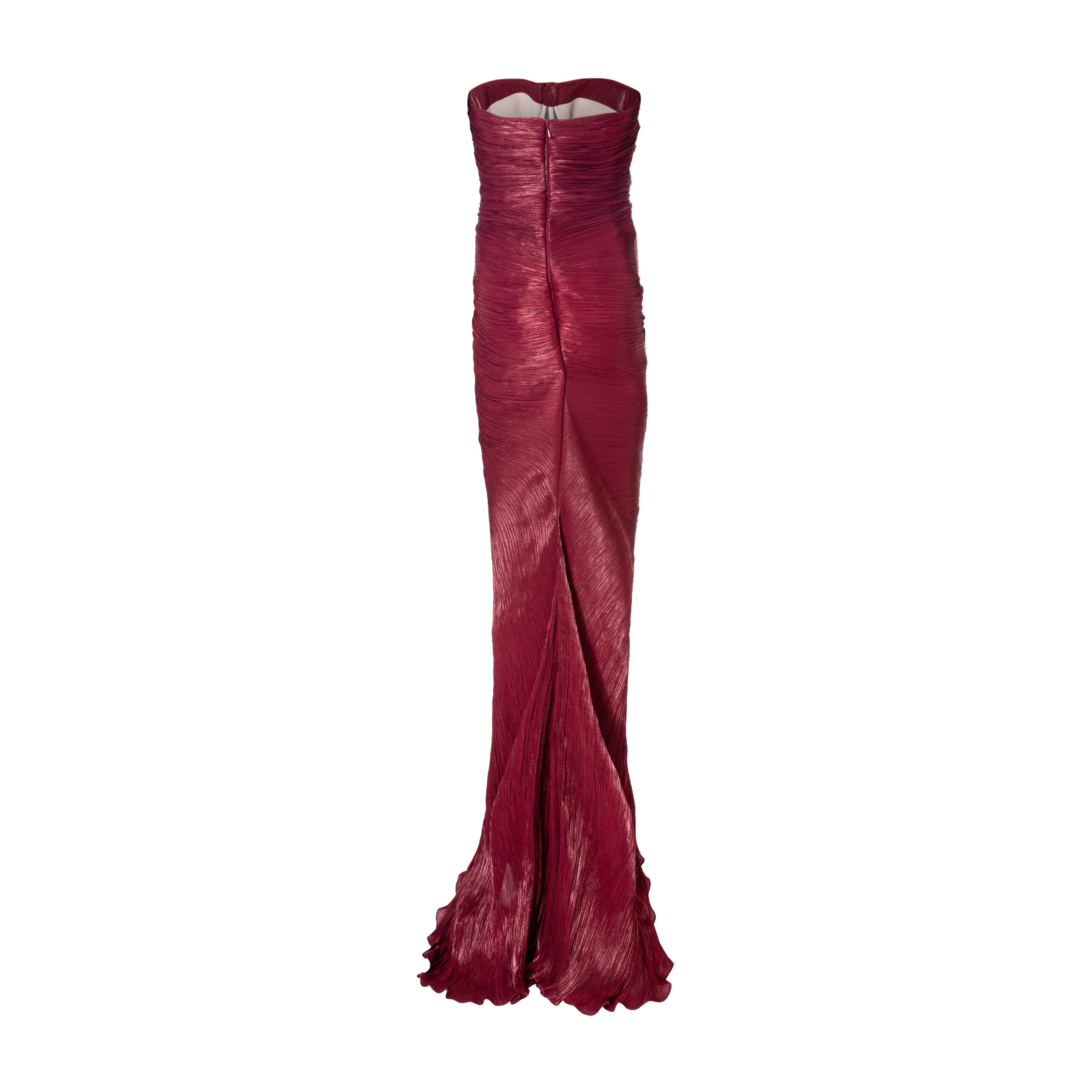Strapless hand-pleated Satin-like draped dress with slit and cape - Image 5