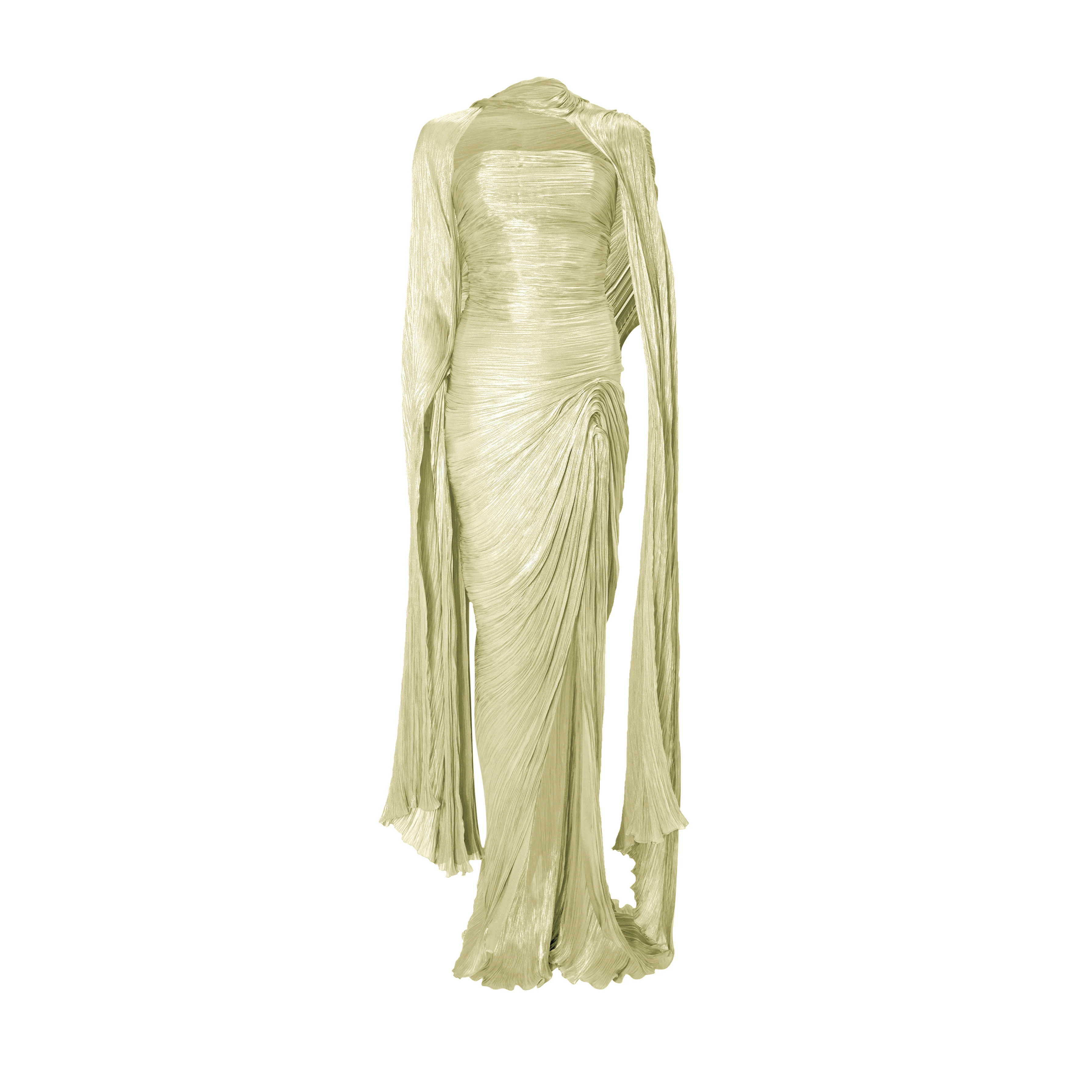 Strapless hand-pleated Satin-like draped dress with slit and cape - Image 6