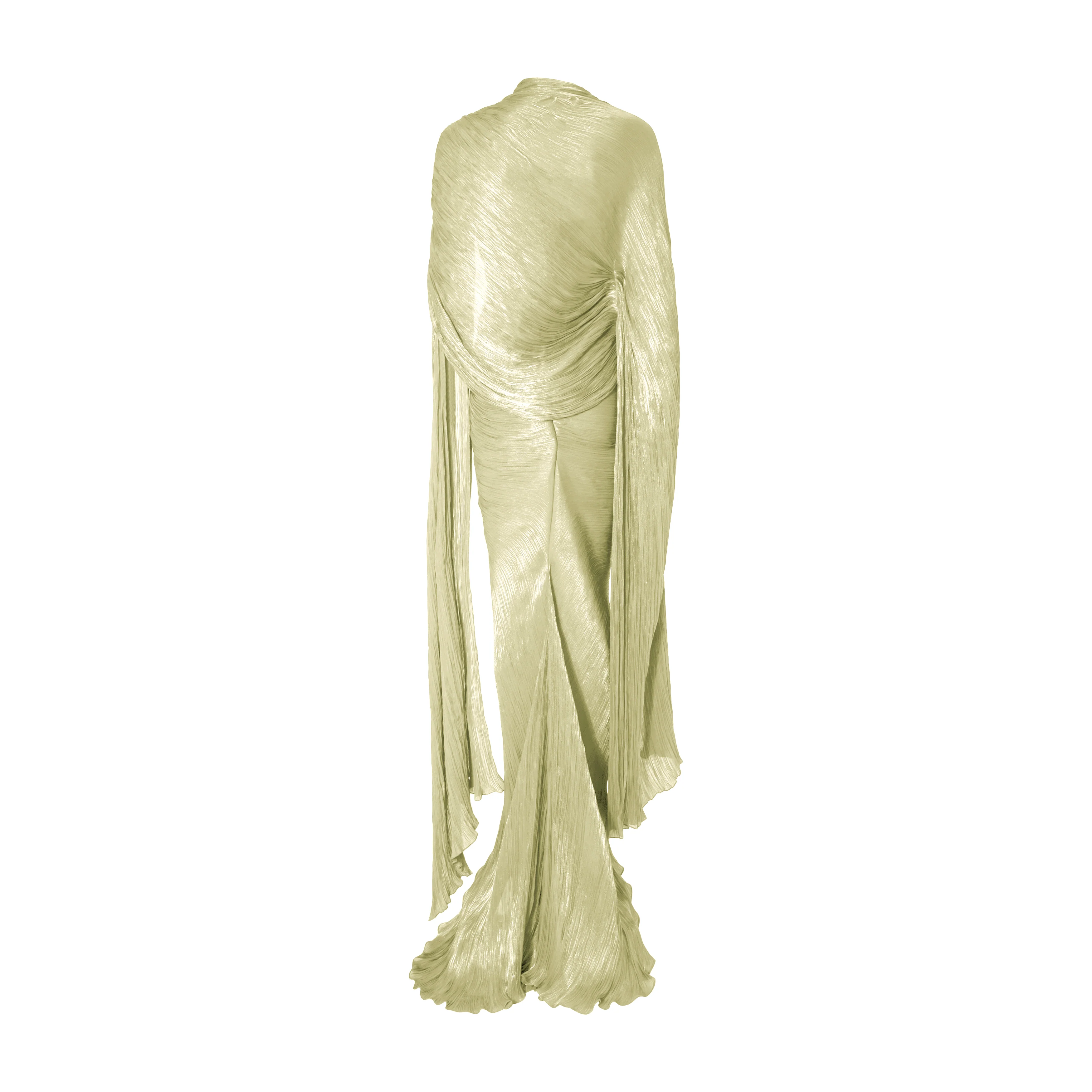 Strapless hand-pleated Satin-like draped dress with slit and cape - Image 7