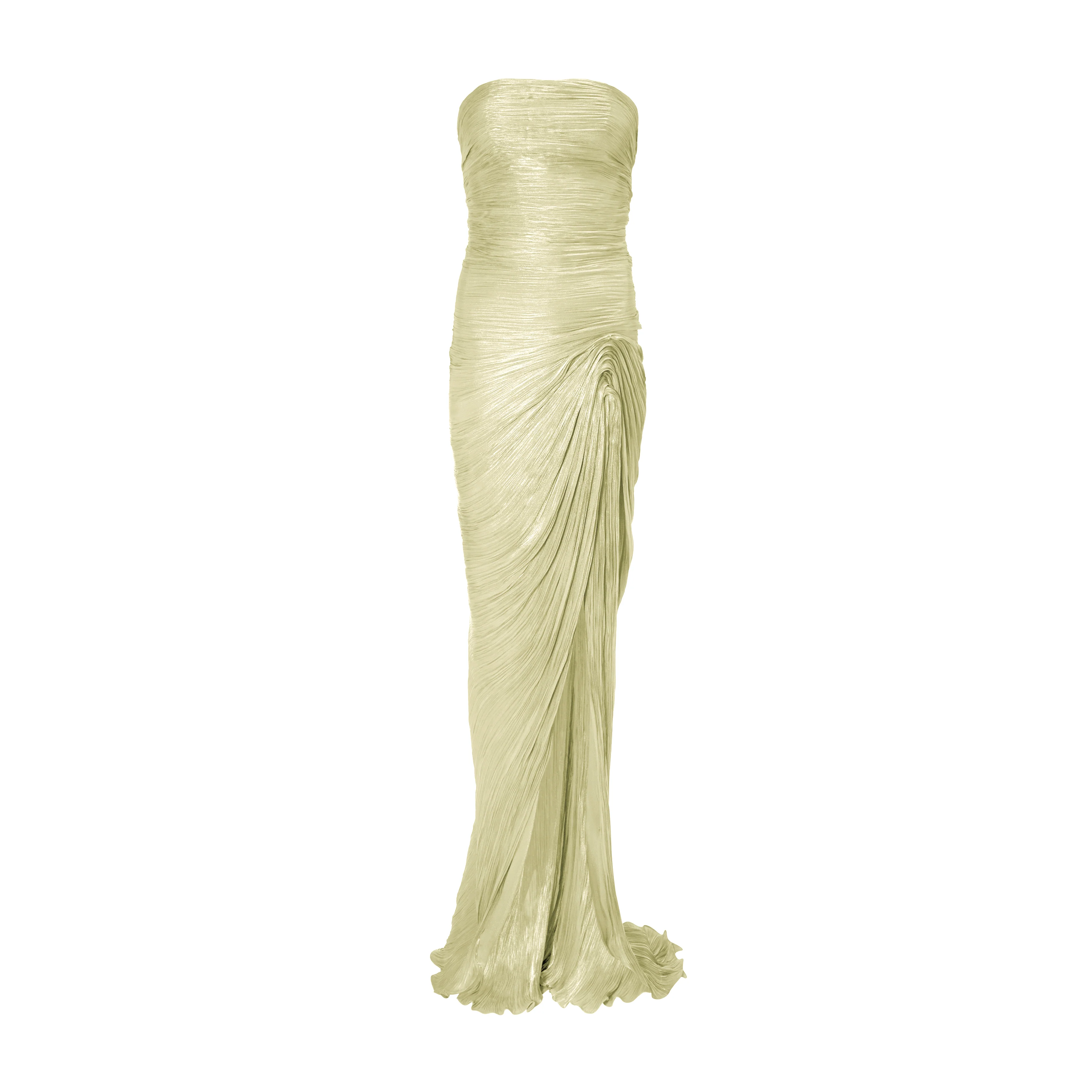 Strapless hand-pleated Satin-like draped dress with slit and cape - Image 8