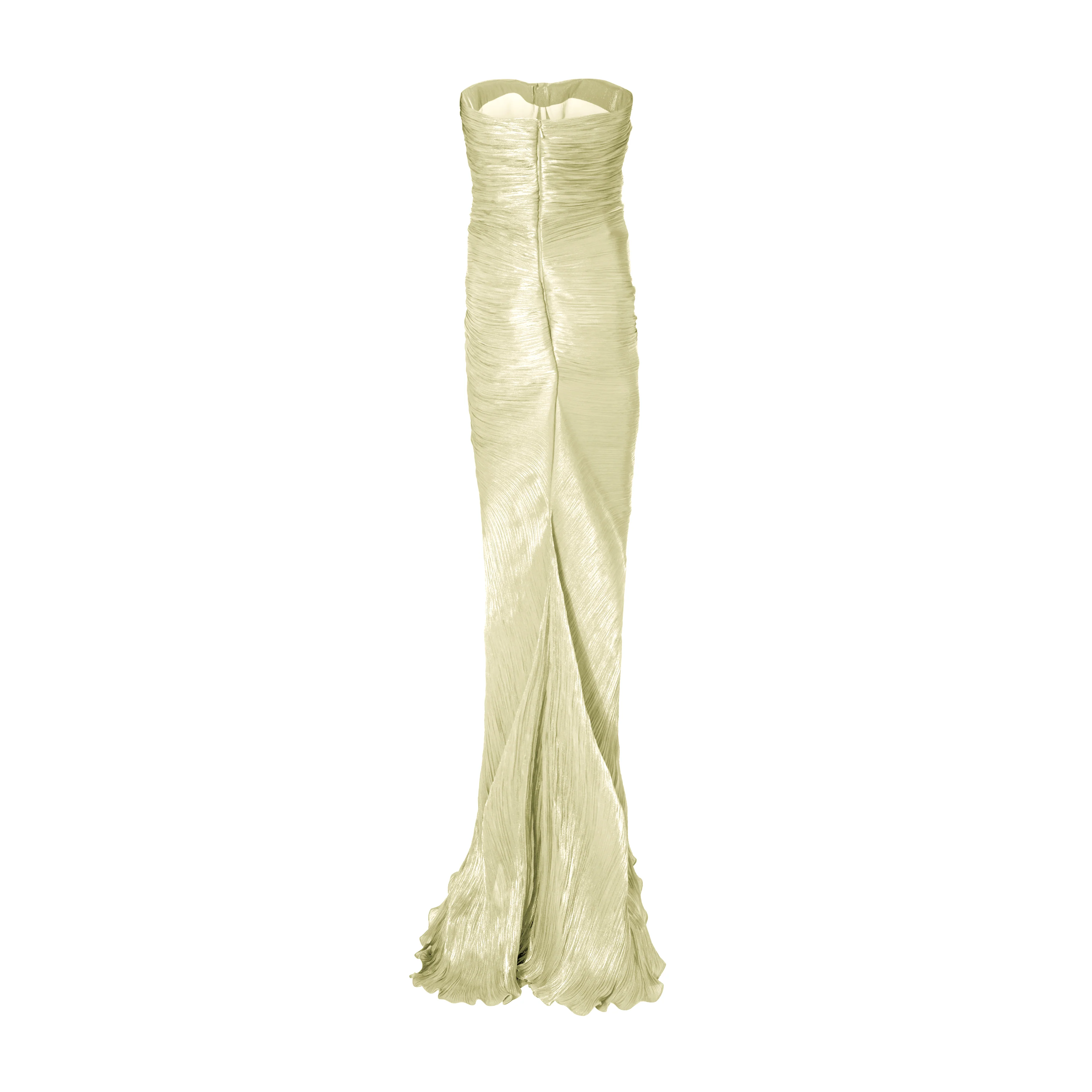 Strapless hand-pleated Satin-like draped dress with slit and cape - Image 9