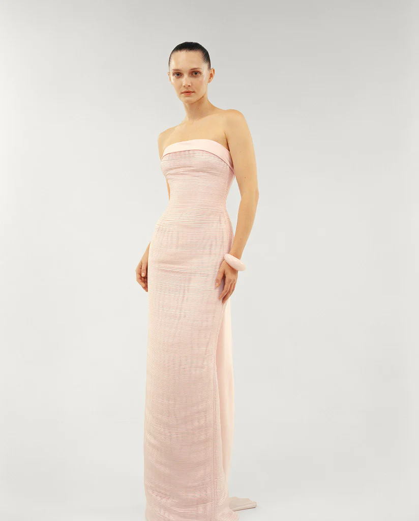 STRAPLESS PLEATED DUCHESSE SATIN DRESS WITH DUCHESSE SATIN BACK CAPE - Image 2
