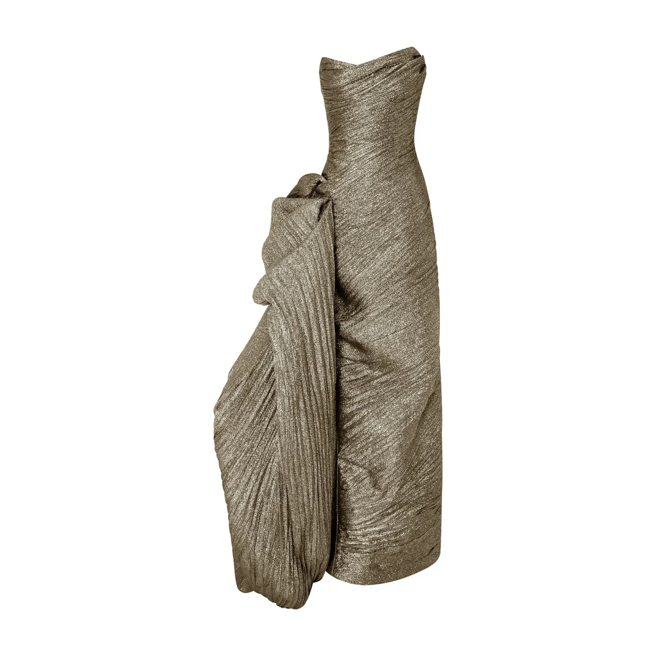 Strapless Pleated Jacquard Lurex Dress With Over Skirt And Cape - Image 10
