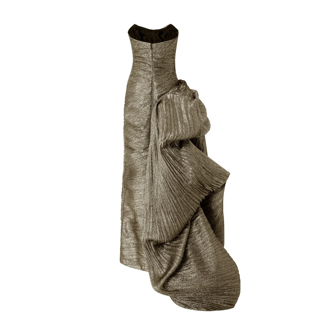 Strapless Pleated Jacquard Lurex Dress With Over Skirt And Cape - Image 11