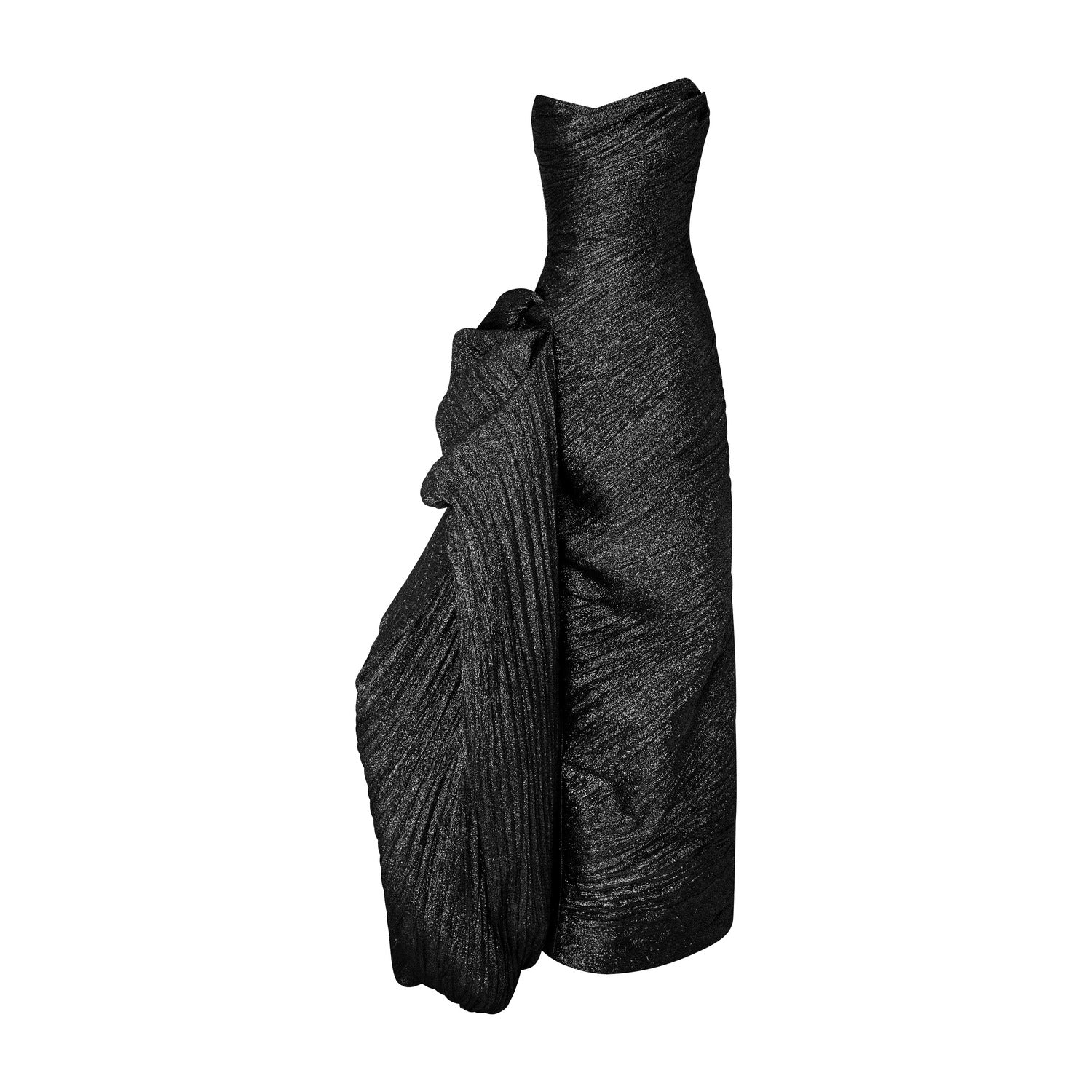 Strapless Pleated Jacquard Lurex Dress With Over Skirt And Cape - Image 12