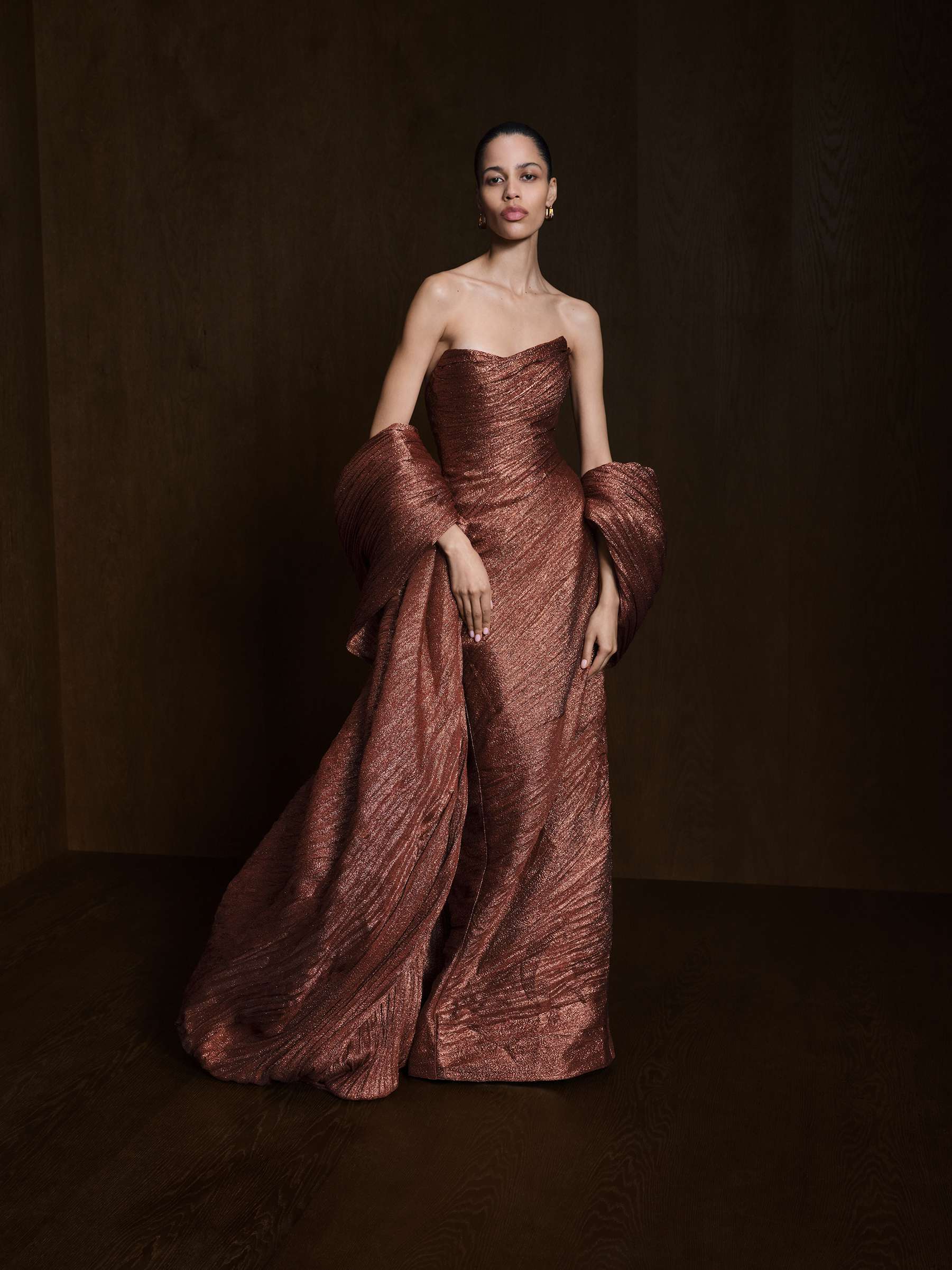 Strapless Pleated Jacquard Lurex Dress With Over Skirt And Cape - Image 2