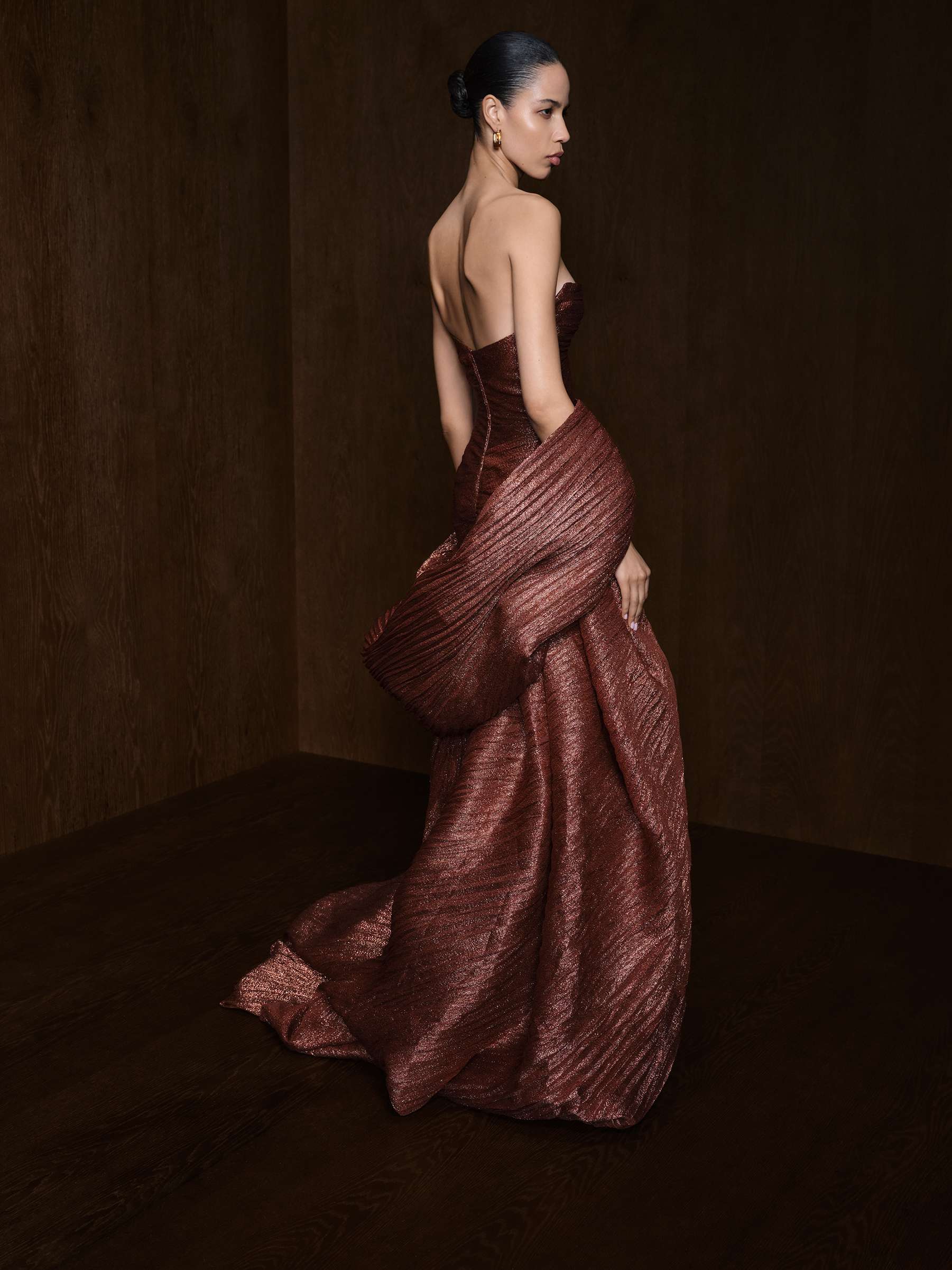 Strapless Pleated Jacquard Lurex Dress With Over Skirt And Cape - Image 4