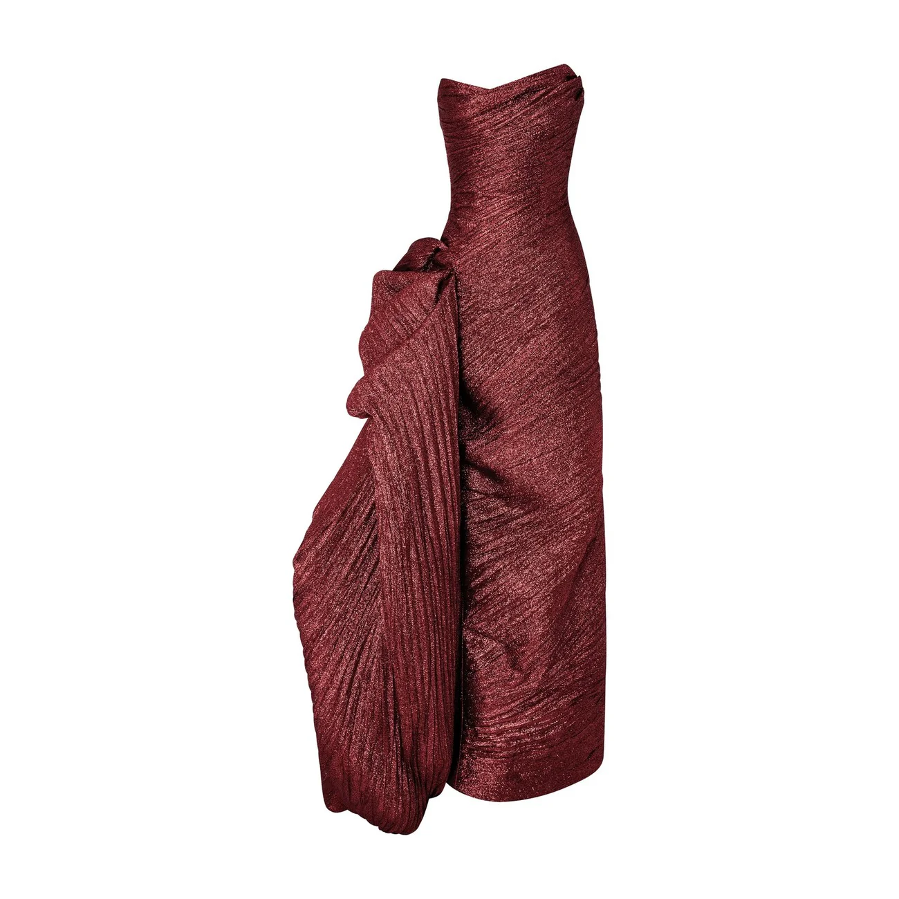Strapless Pleated Jacquard Lurex Dress With Over Skirt And Cape - Image 8