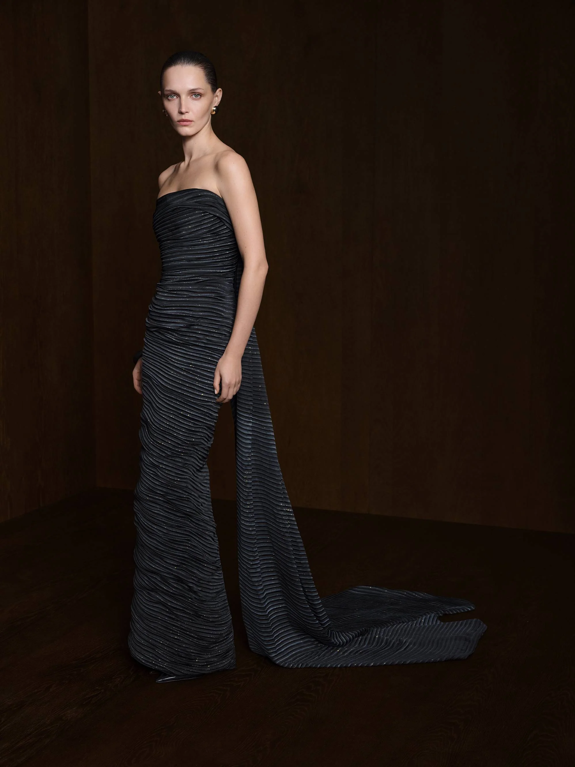 Strapless Pleated Print Satin Dress With Detachable Cape - Image 3