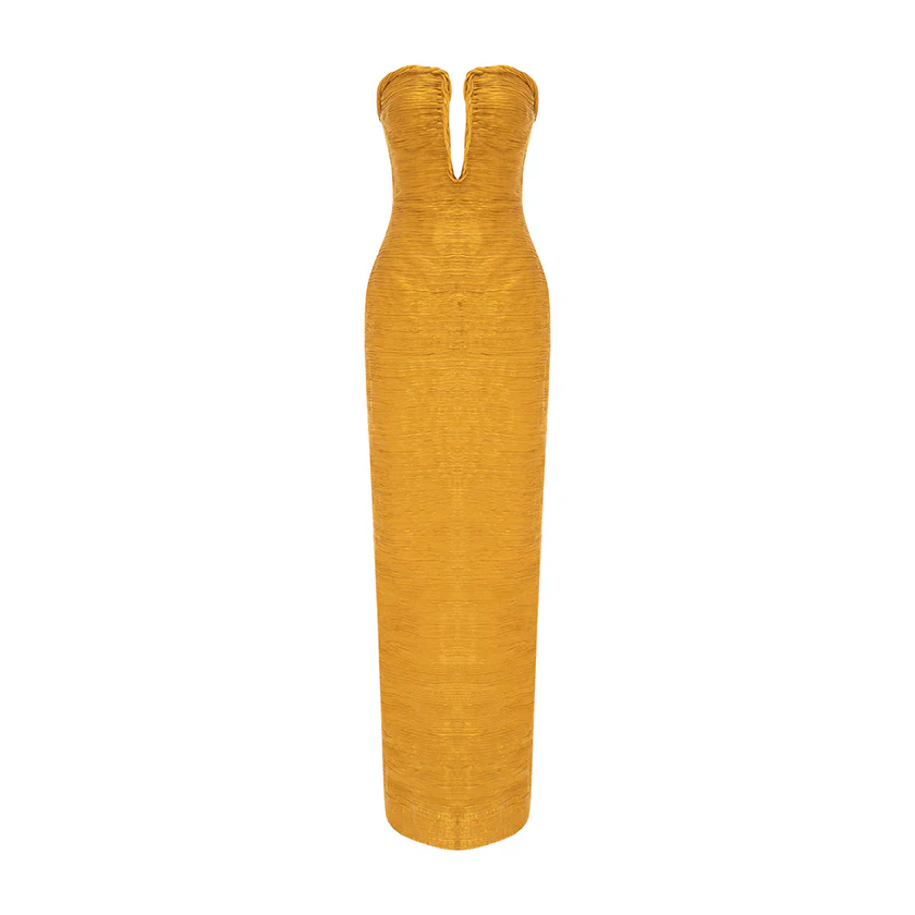 Strapless Pleated Silk Dress And Detachable Cape