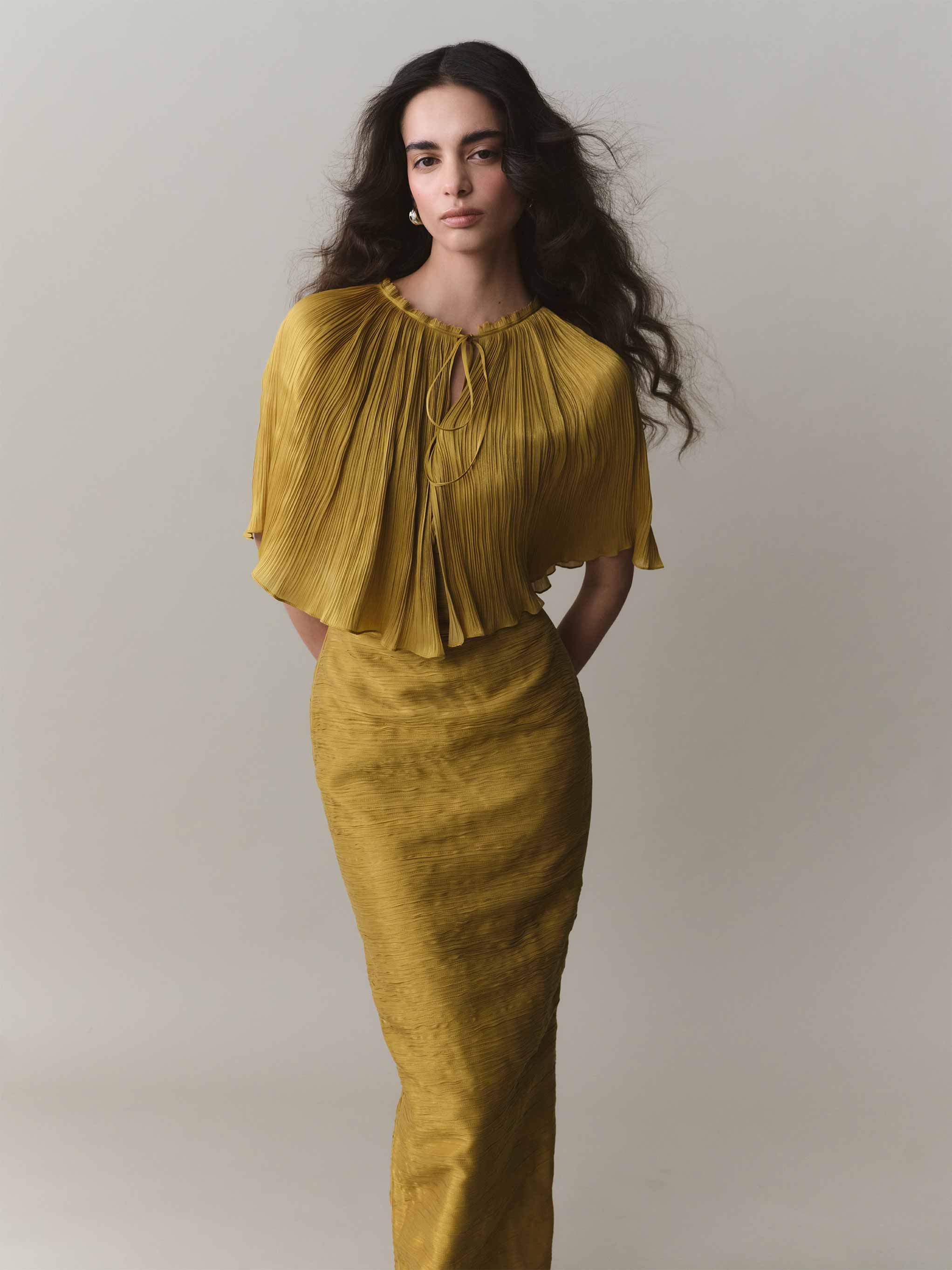 Strapless Pleated Silk Dress And Detachable Cape - Image 2