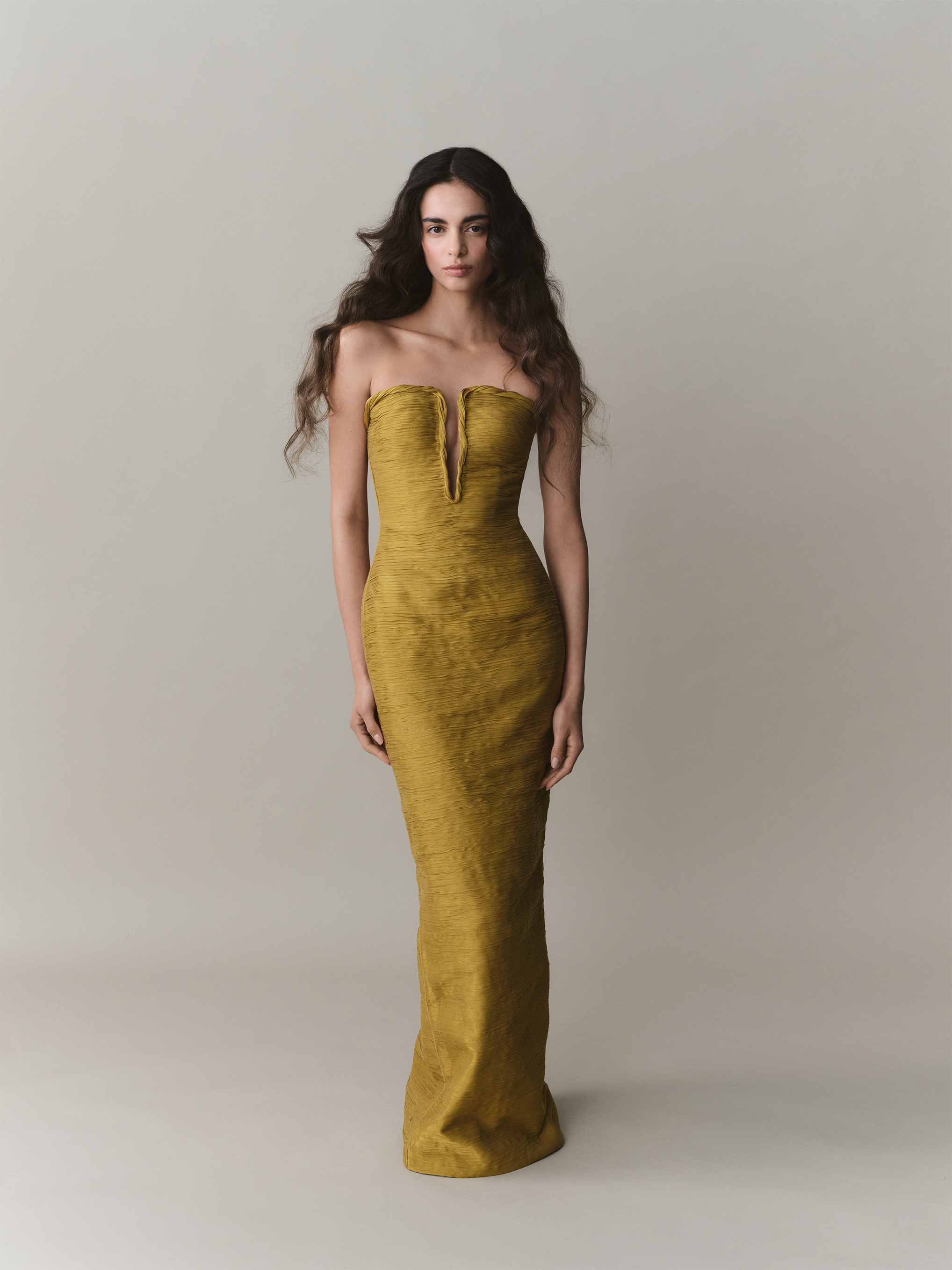 Strapless Pleated Silk Dress And Detachable Cape - Image 3