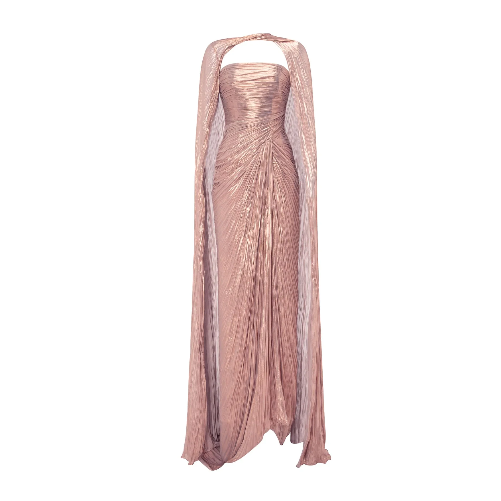 Strapless Pleated Silk Dress With Slit And Detachable Cape - Image 10
