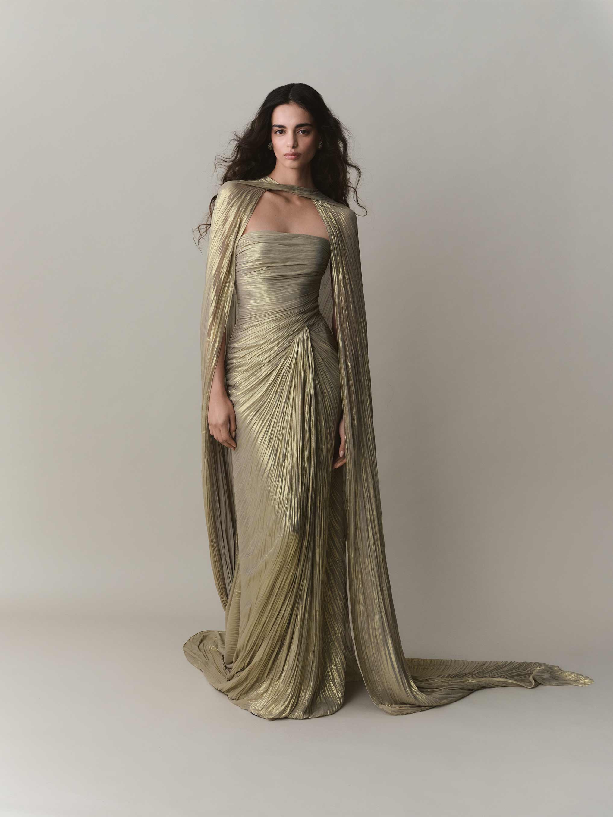 Strapless Pleated Silk Dress With Slit And Detachable Cape - Image 2