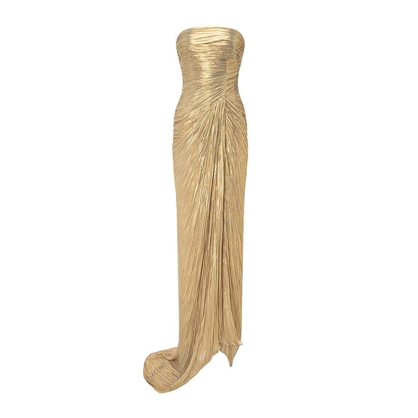 Strapless Pleated Silk Dress With Slit And Detachable Cape - Image 3