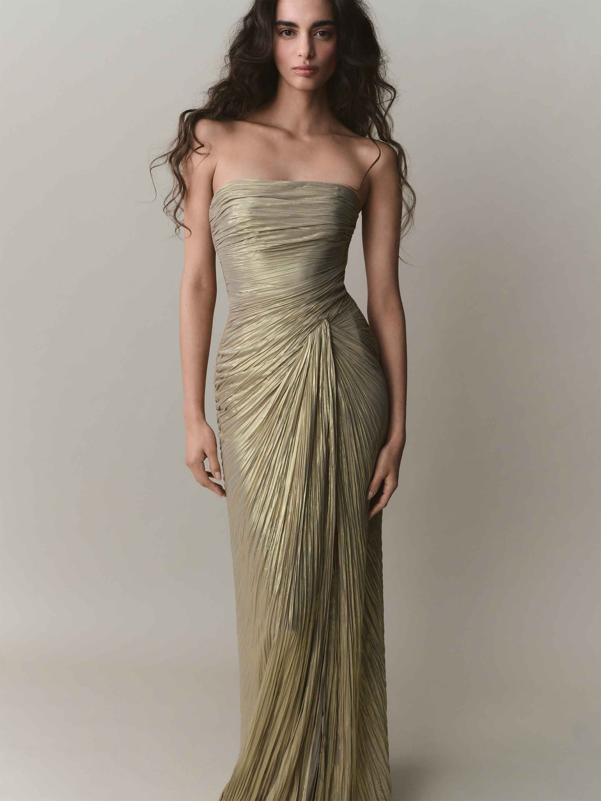 Strapless Pleated Silk Dress With Slit And Detachable Cape - Image 4