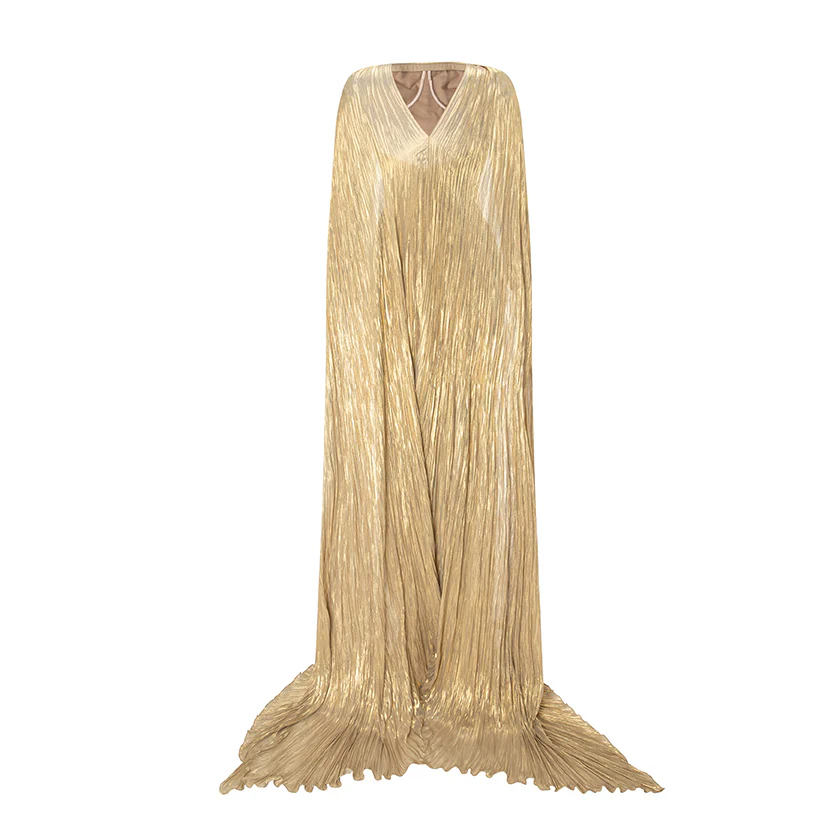Strapless Pleated Silk Dress With Slit And Detachable Cape - Image 5