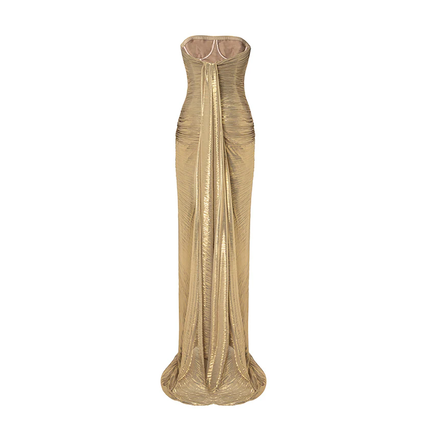 Strapless Pleated Silk Dress With Slit And Detachable Cape - Image 6