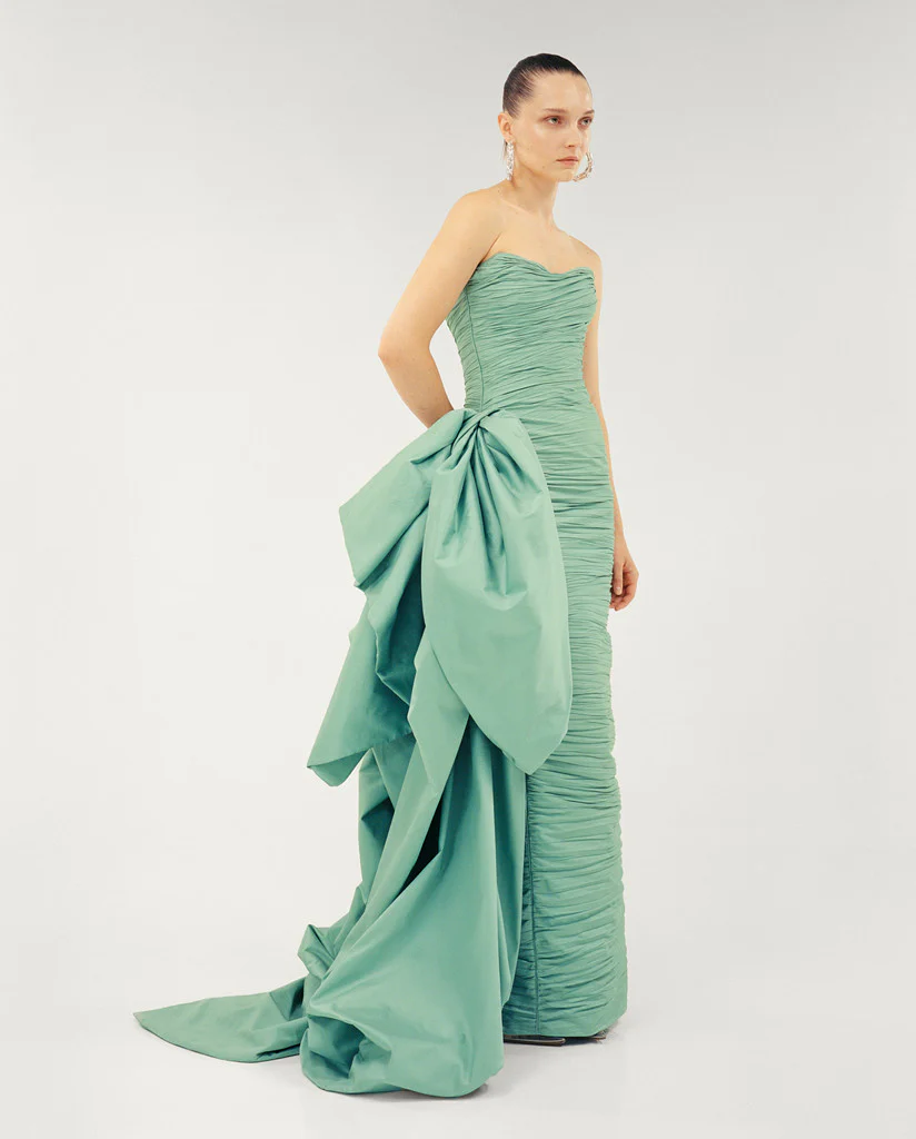 STRAPLESS PLEATED TAFFETA DRESS WITH DRAPED OVER SKIRT - Image 2