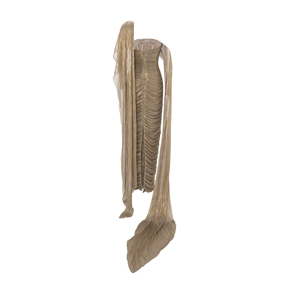 STRAPLESS SILK HAND PLEATED DRESS WITH HAND PLEATED CAPE - Image 4