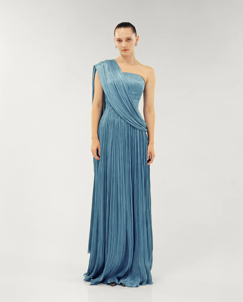 STRAPLESS SILK ROSEYA PLEATED DRESS WITH CAPE ATTACHED - Image 2