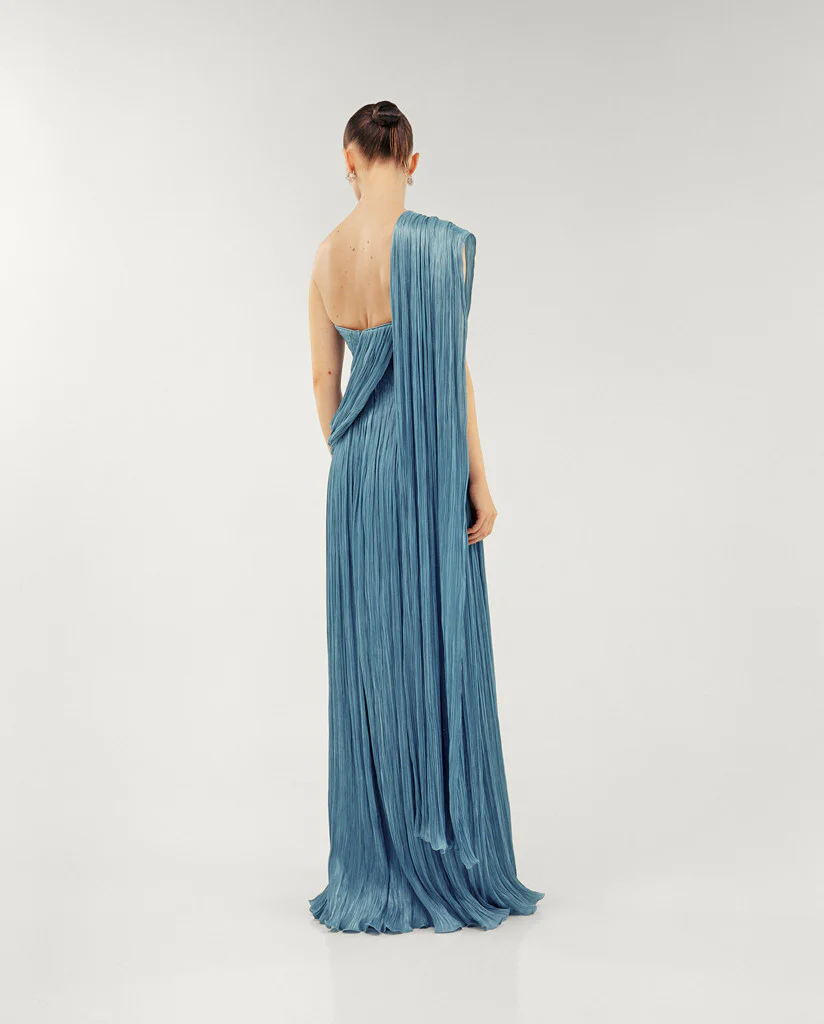 STRAPLESS SILK ROSEYA PLEATED DRESS WITH CAPE ATTACHED - Image 3