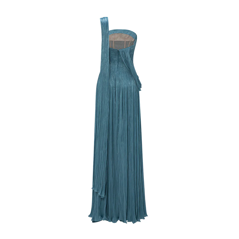 STRAPLESS SILK ROSEYA PLEATED DRESS WITH CAPE ATTACHED - Image 4