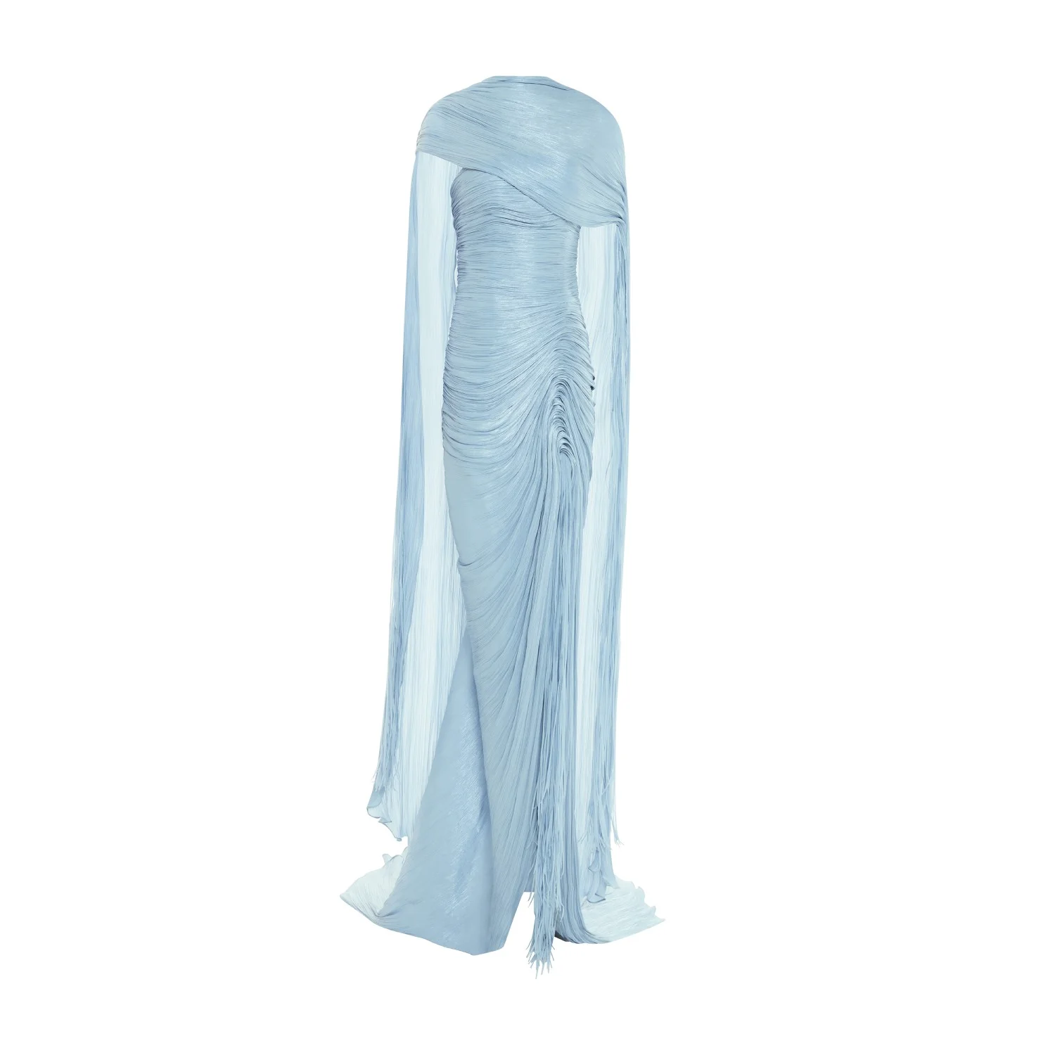 TATIANA - STRAPLESS PLEATED SILK GOWN WITH SLIT, FRINGES, CORSET AND CAPE - Image 12