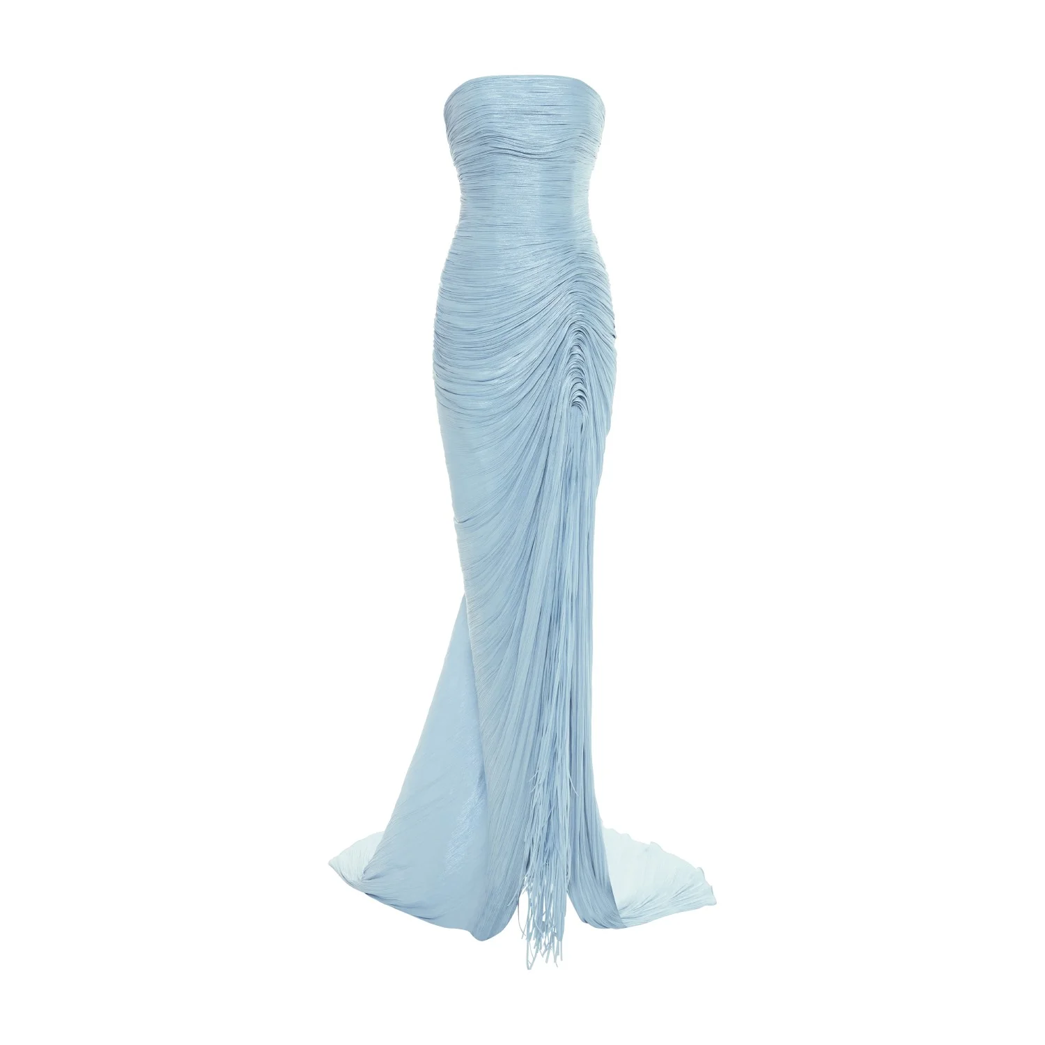 TATIANA - STRAPLESS PLEATED SILK GOWN WITH SLIT, FRINGES, CORSET AND CAPE - Image 13