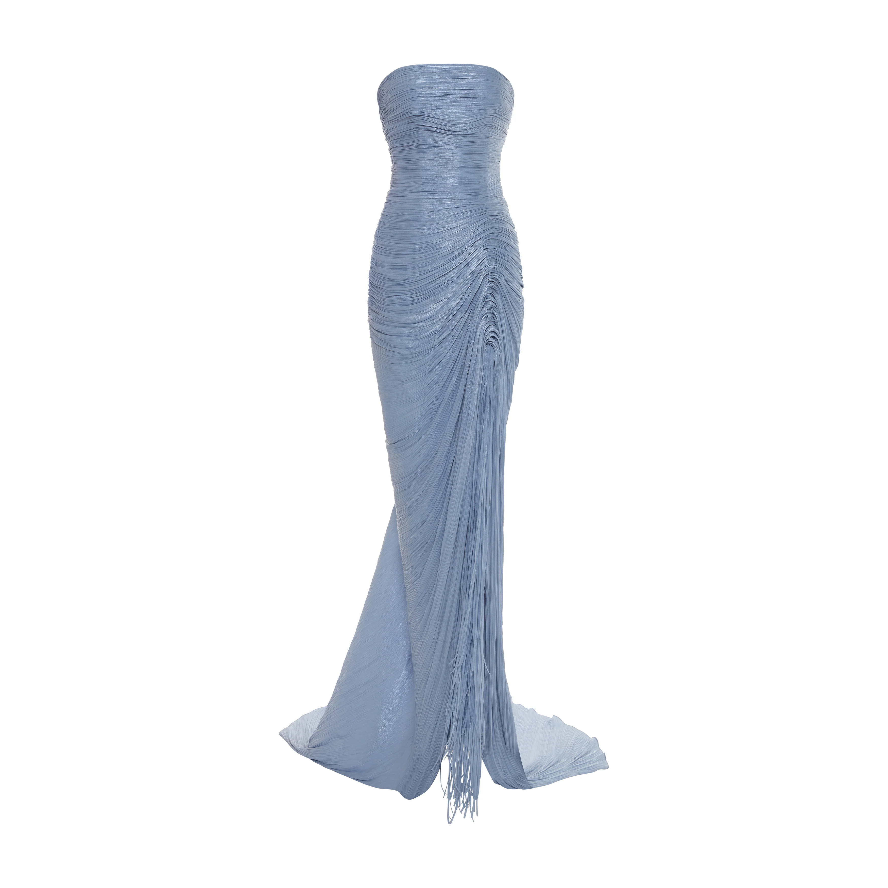 TATIANA - STRAPLESS PLEATED SILK GOWN WITH SLIT, FRINGES, CORSET AND CAPE - Image 3