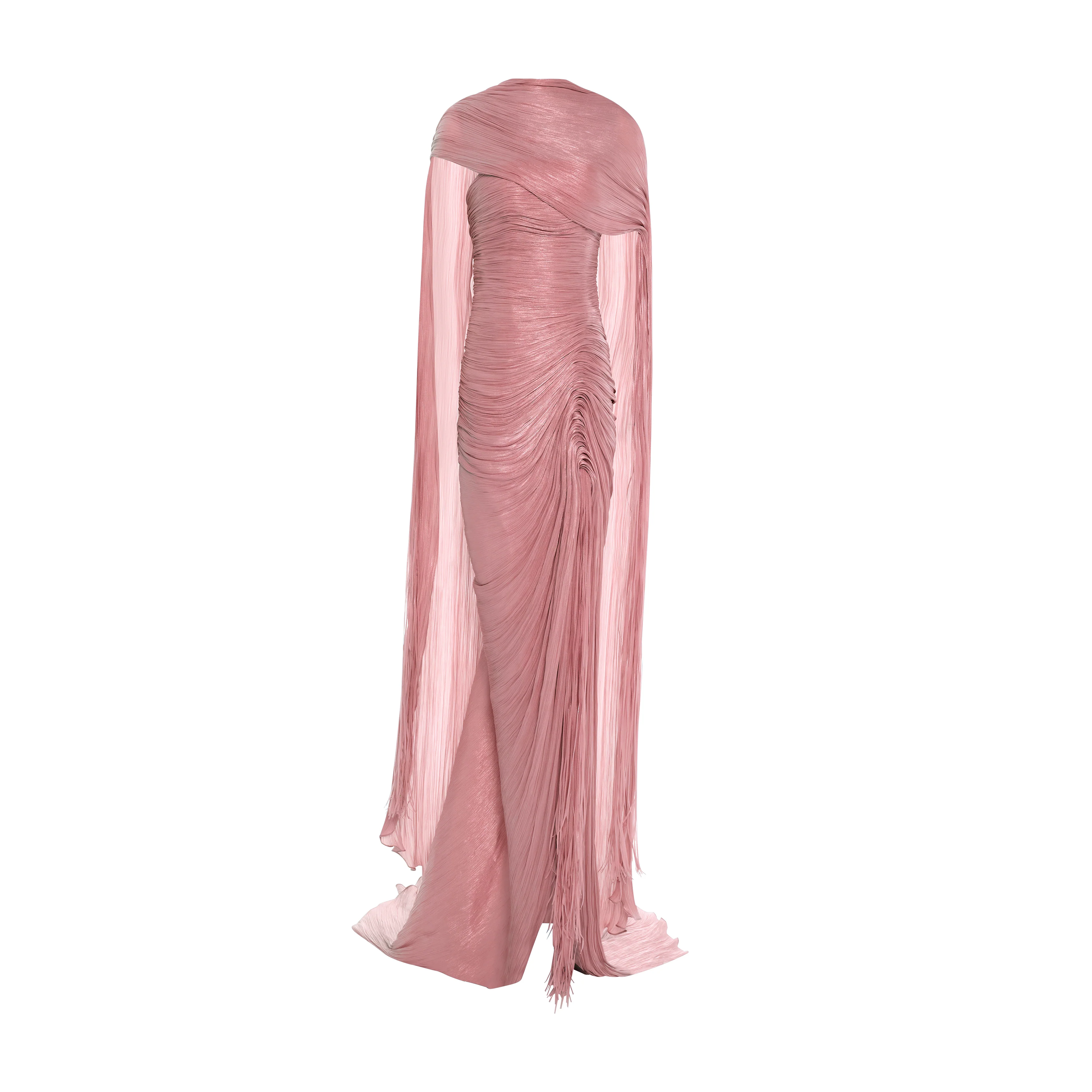 TATIANA - STRAPLESS PLEATED SILK GOWN WITH SLIT, FRINGES, CORSET AND CAPE - Image 7