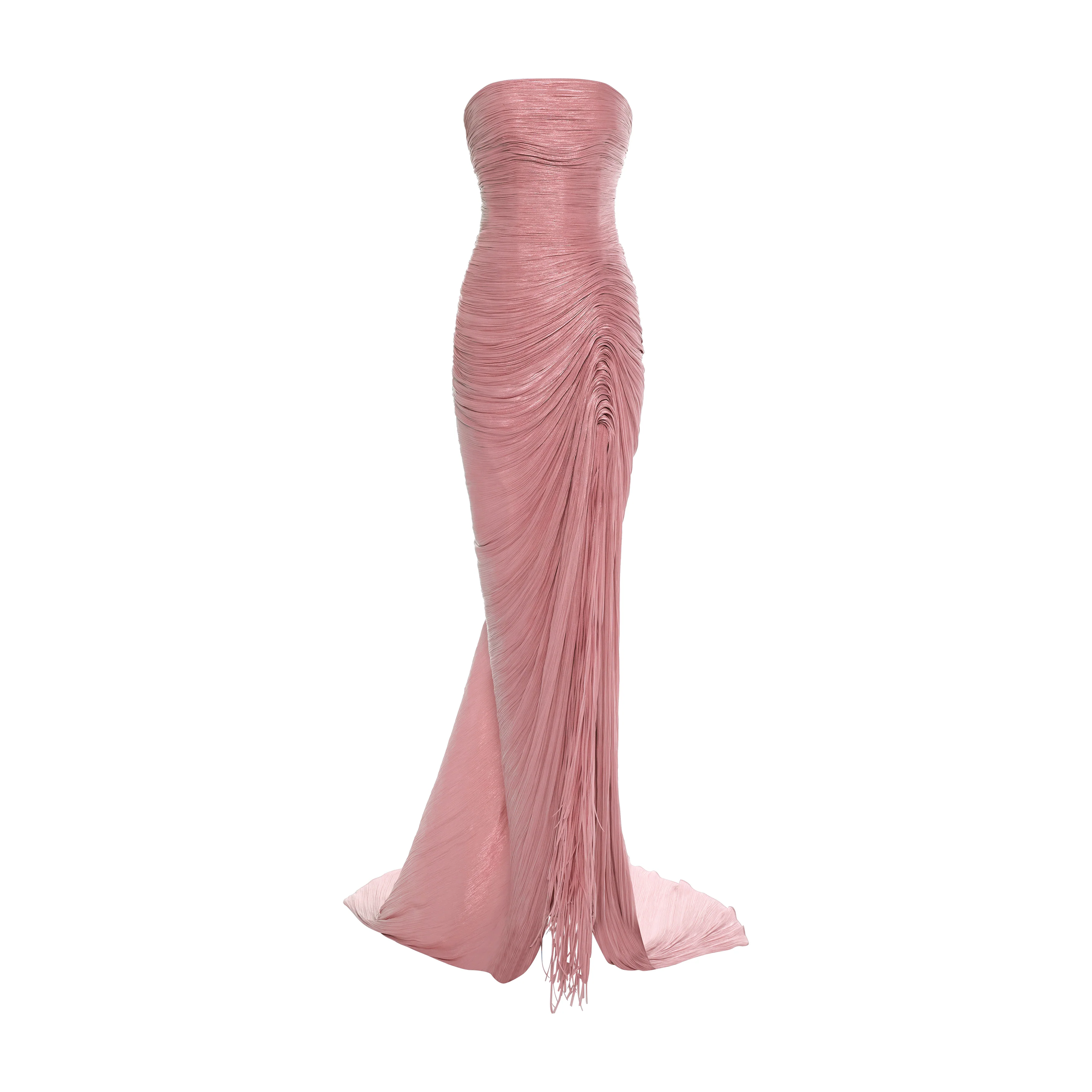 TATIANA - STRAPLESS PLEATED SILK GOWN WITH SLIT, FRINGES, CORSET AND CAPE - Image 9